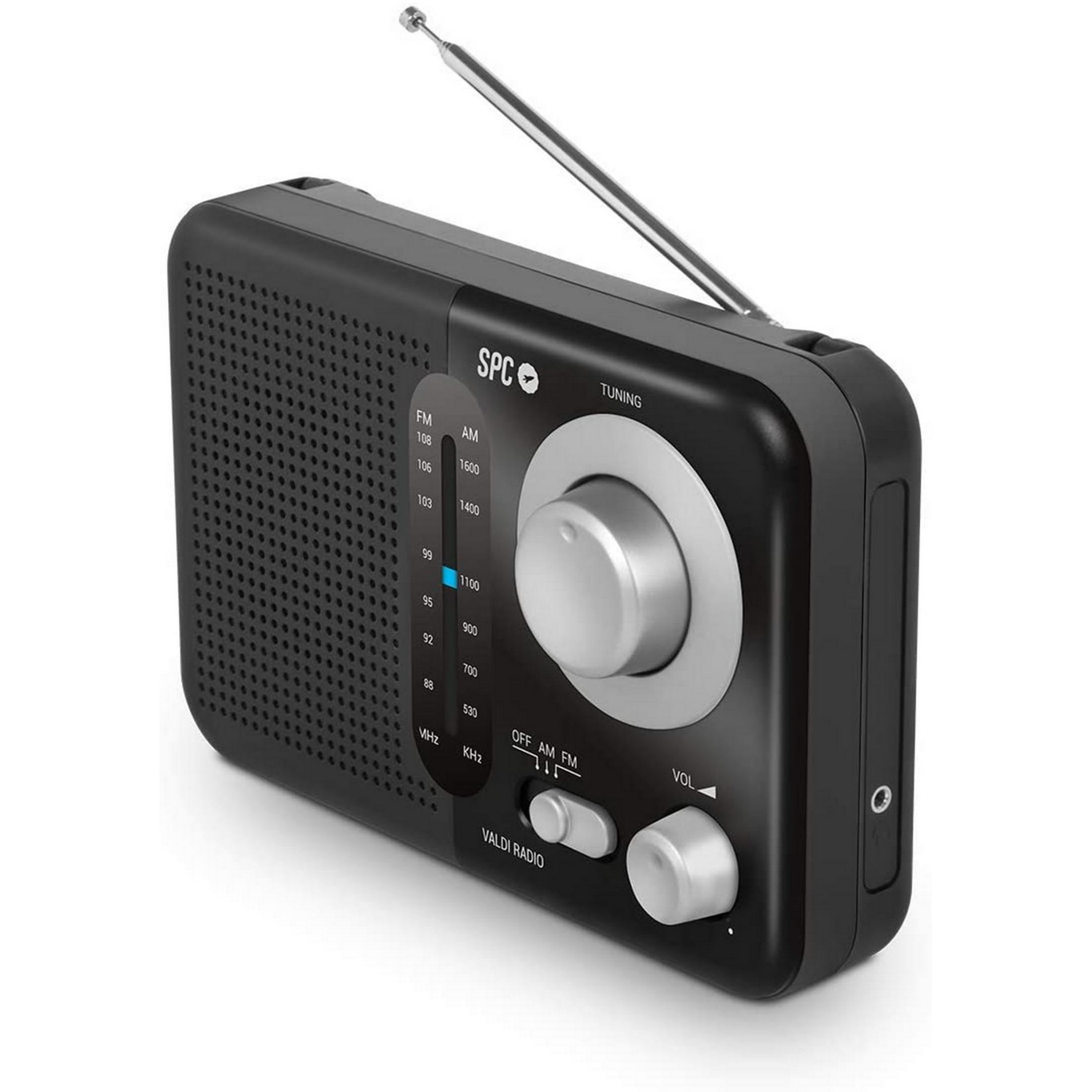 Una radio portatile nera con antenna, due manopole e un interruttore.