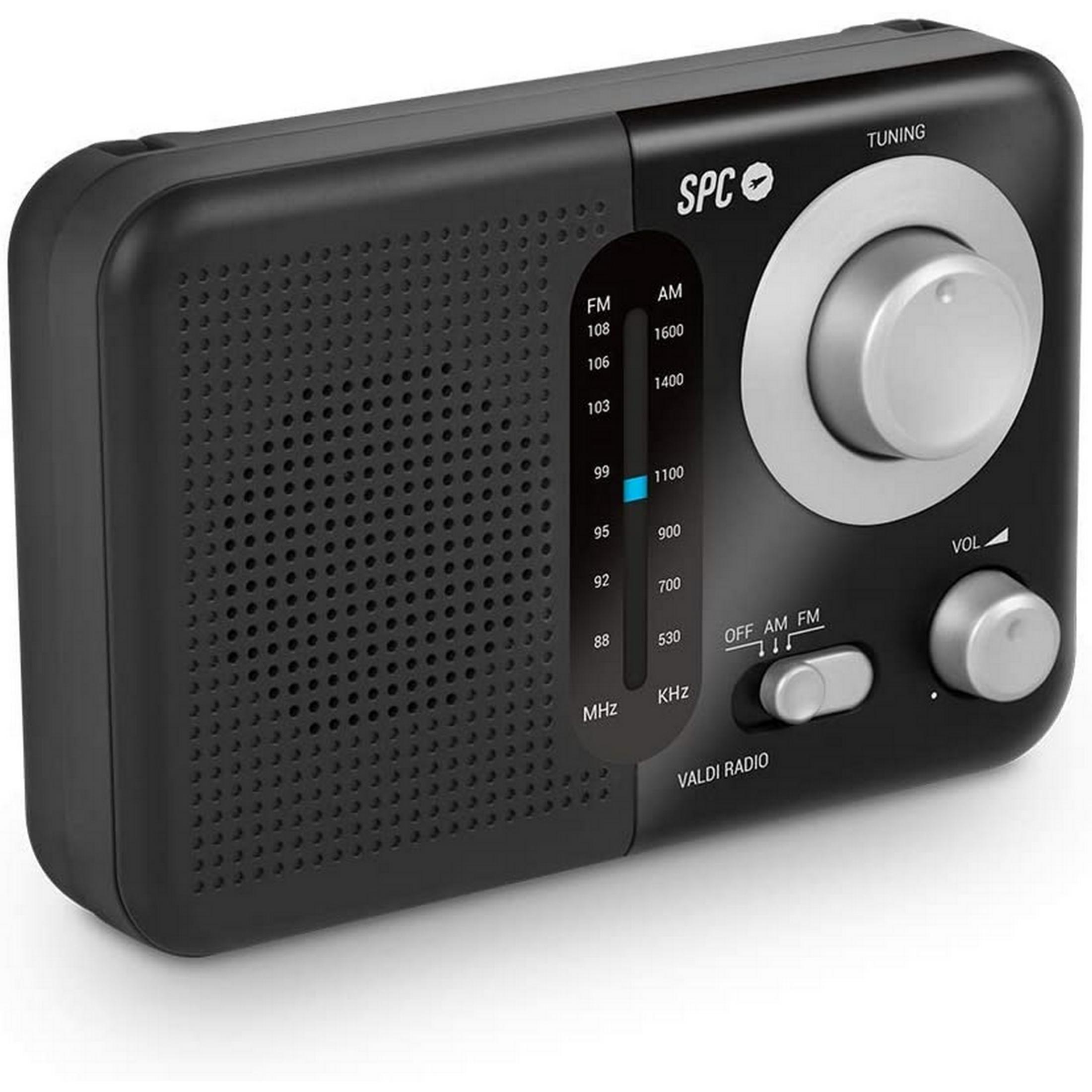Radio portatile nera con manopole argentate e quadrante di sintonia.