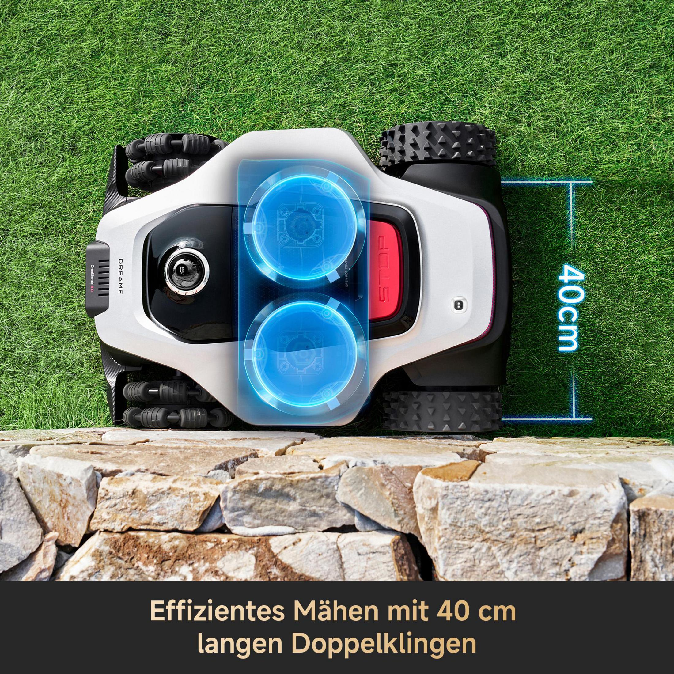 Un robot cortacésped de 40 cm de ancho se apoya en hierba junto a piedras.