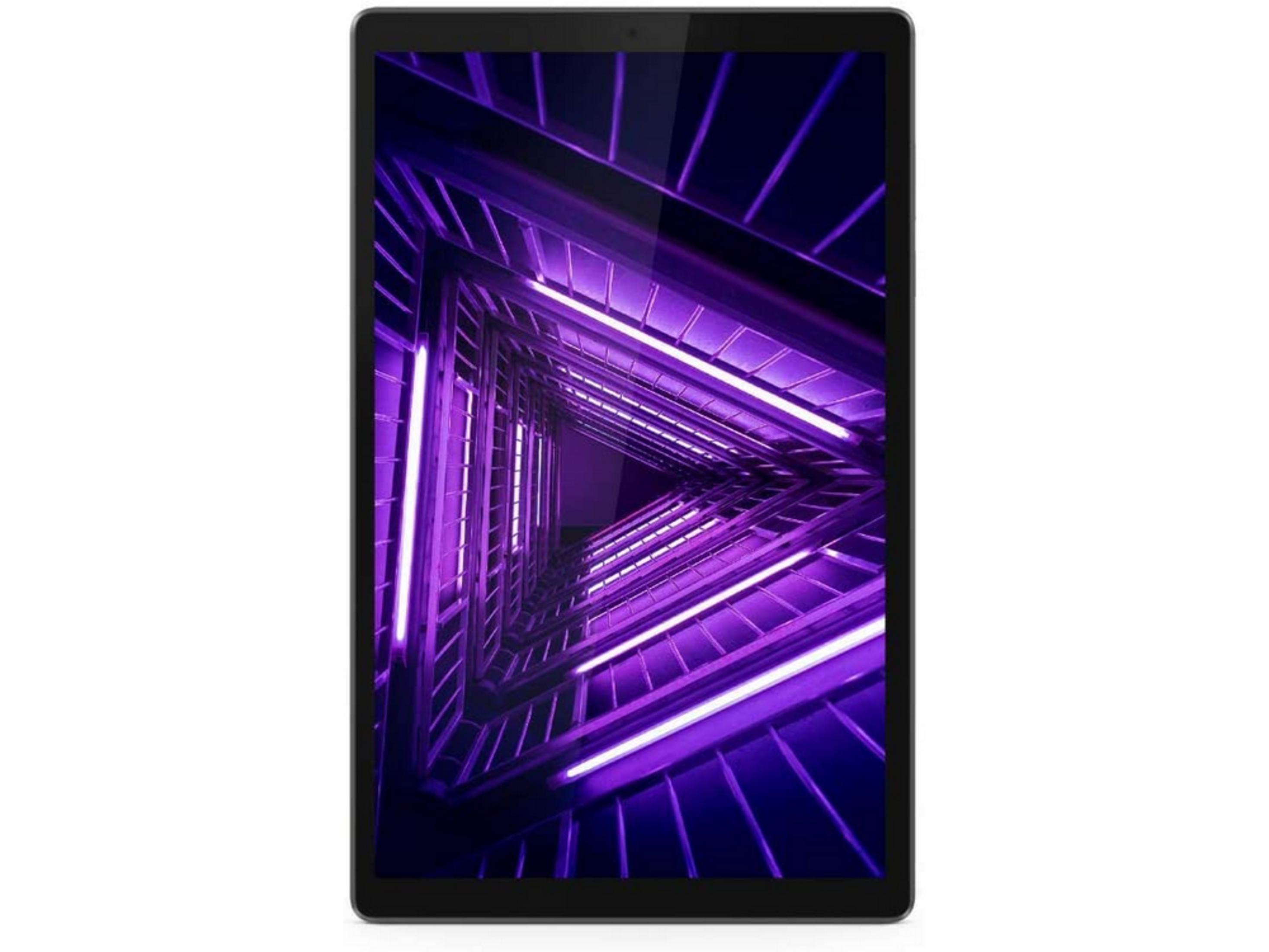 Tablet che visualizza un tunnel geometrico viola con luci.