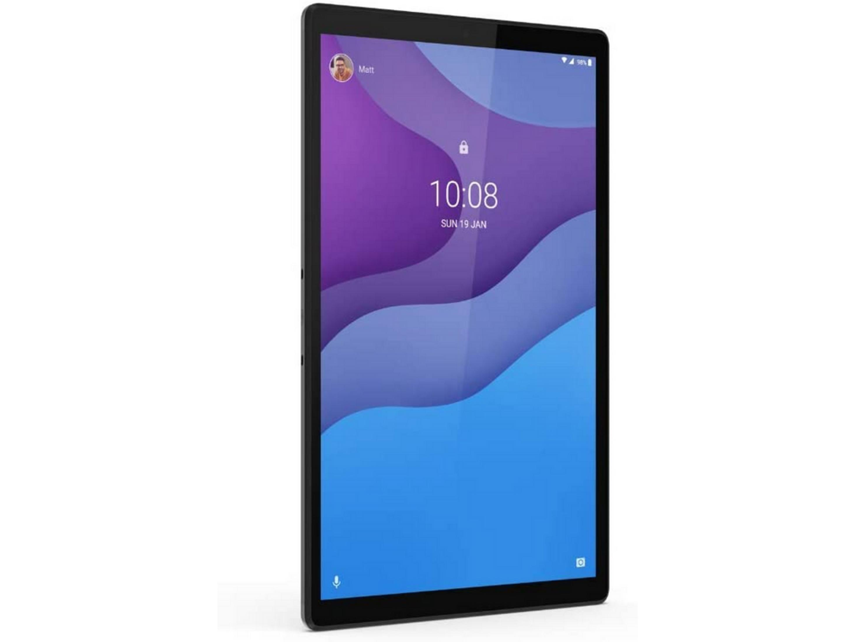 Un tablet nero con sfondo a onde. L'ora è 10:08.