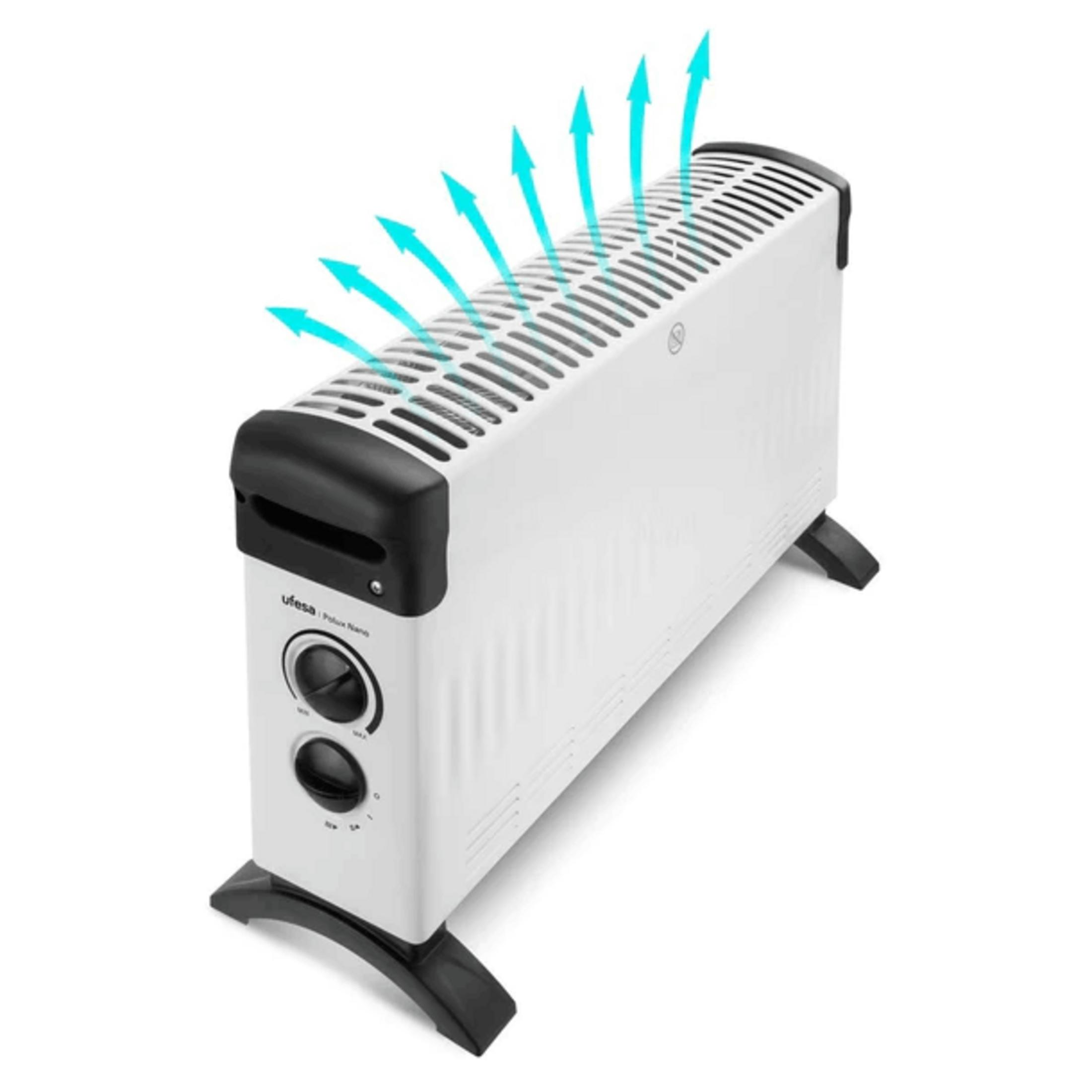Un radiatore a olio bianco con accenti neri, che emette aria calda verso l'alto.