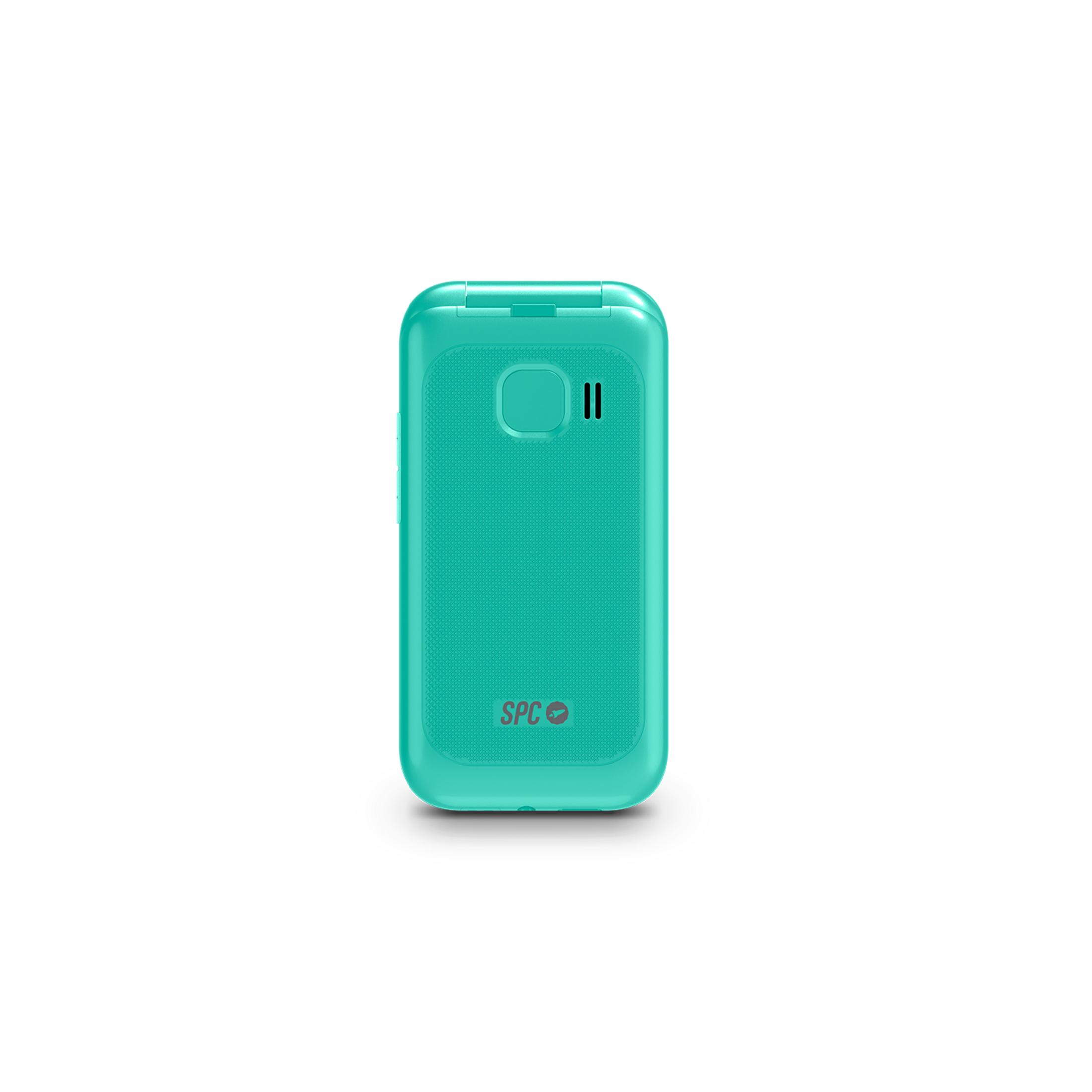 Un telefono flip turchese con logo SPC su sfondo bianco.