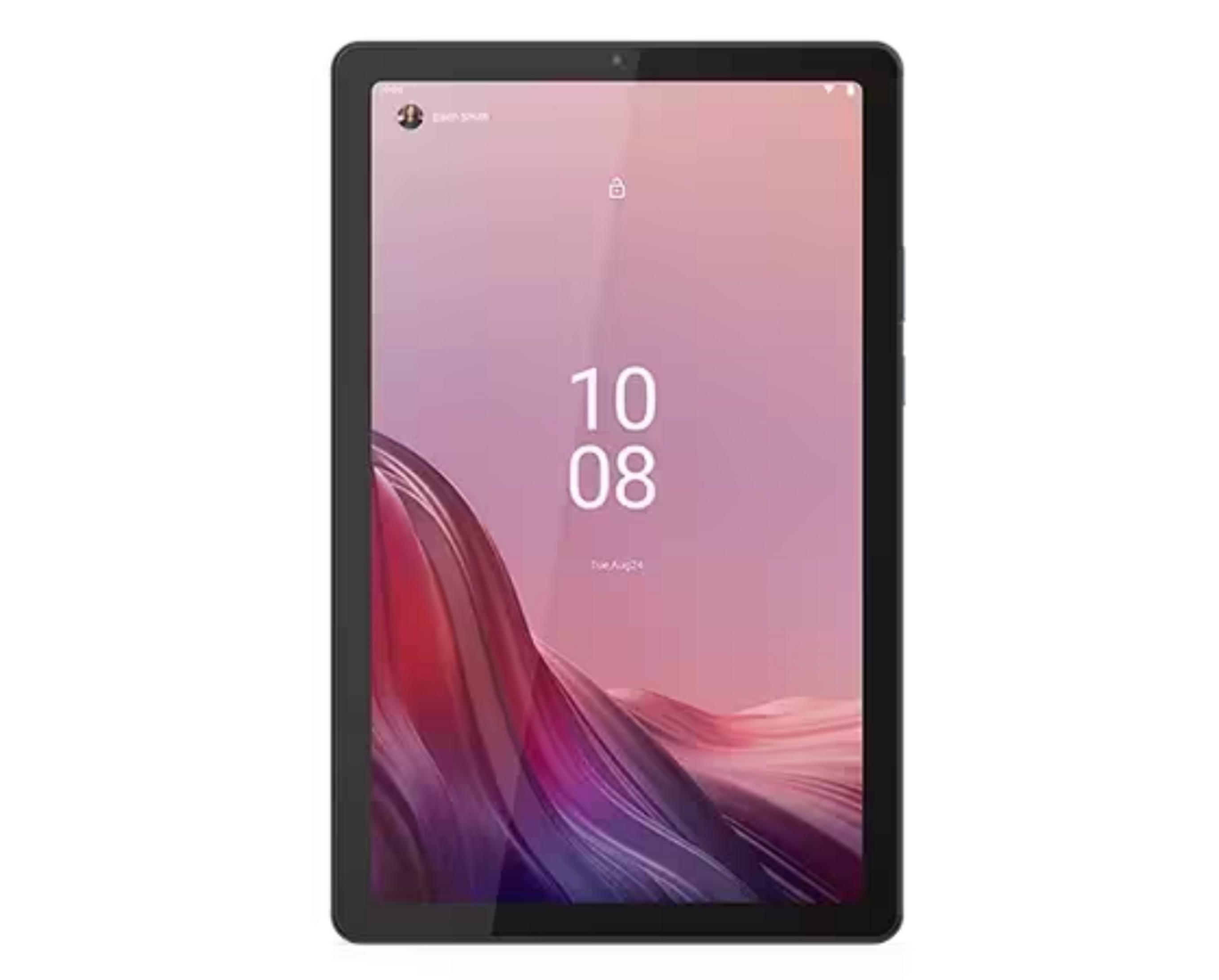 Un tablet nero con uno sfondo astratto rosa e viola.