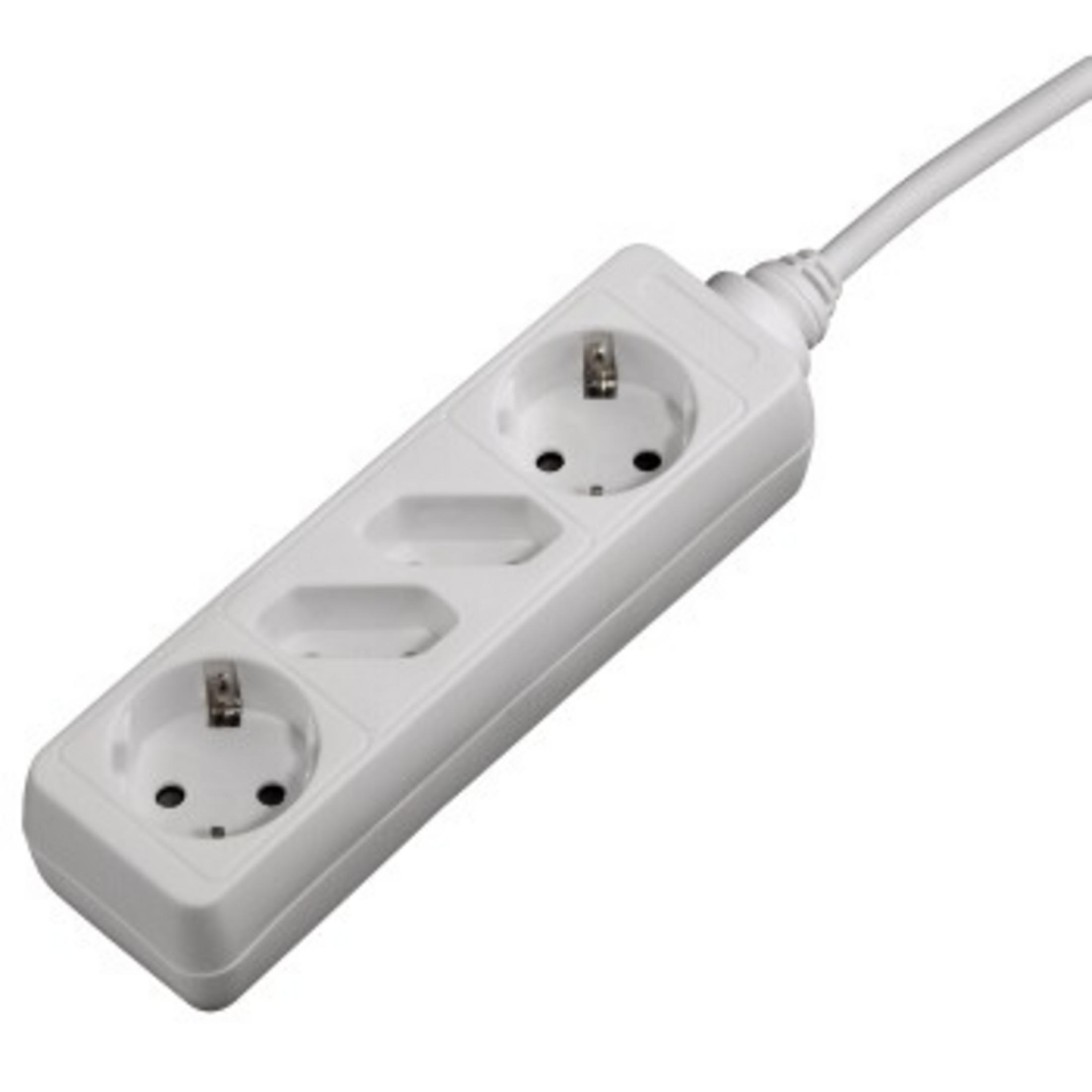 Weiße Mehrfachsteckdose mit zwei Steckplätzen und einem Kabel.