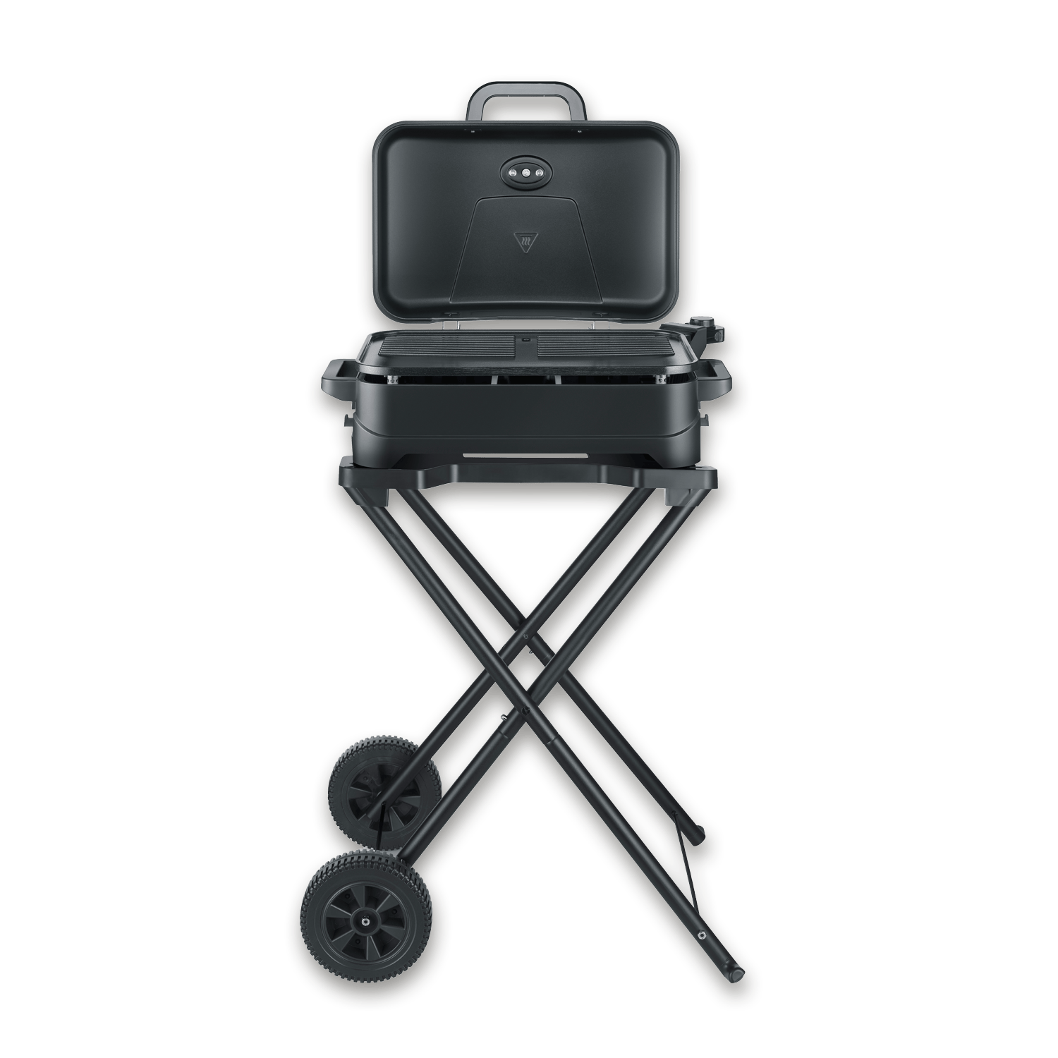 Un gril portable noir, couvercle ouvert, sur un support pliable avec roues.