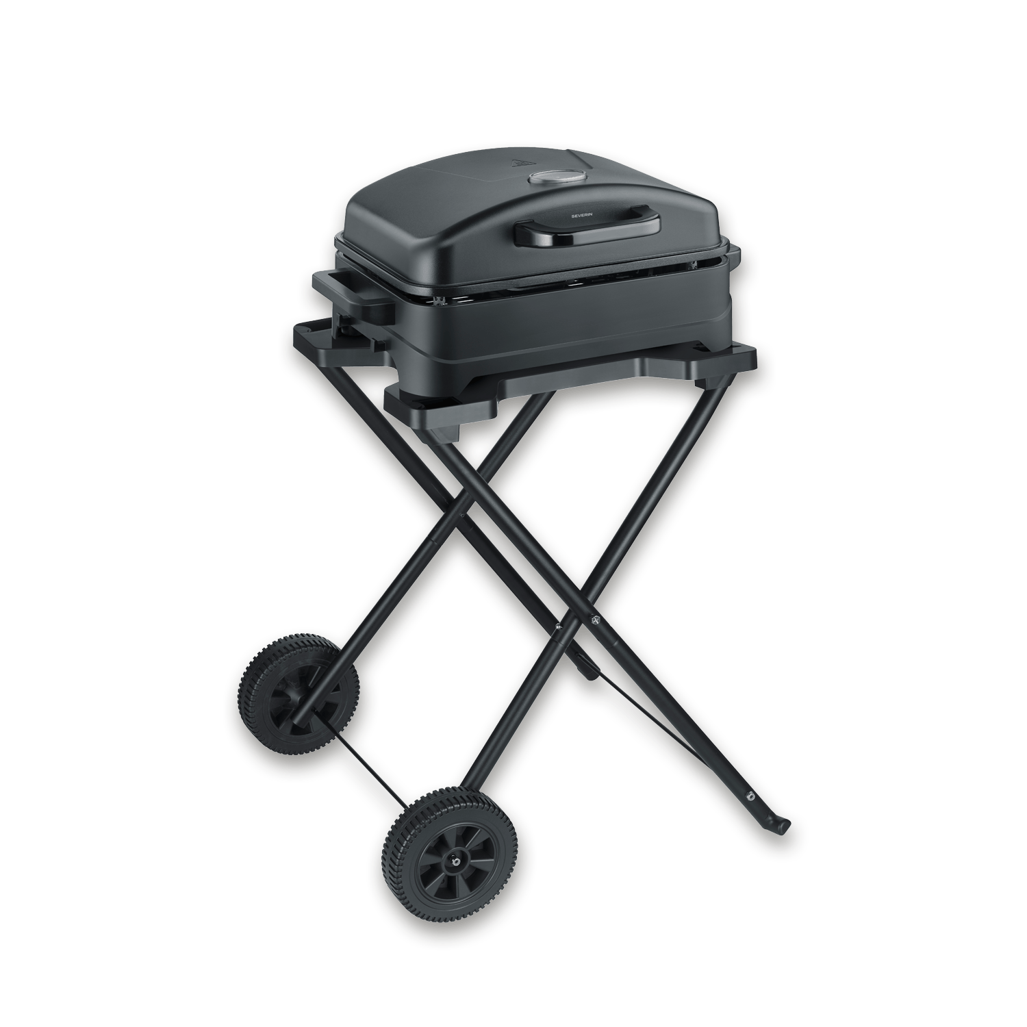 Gril portable noir sur un support pliable à deux roues.