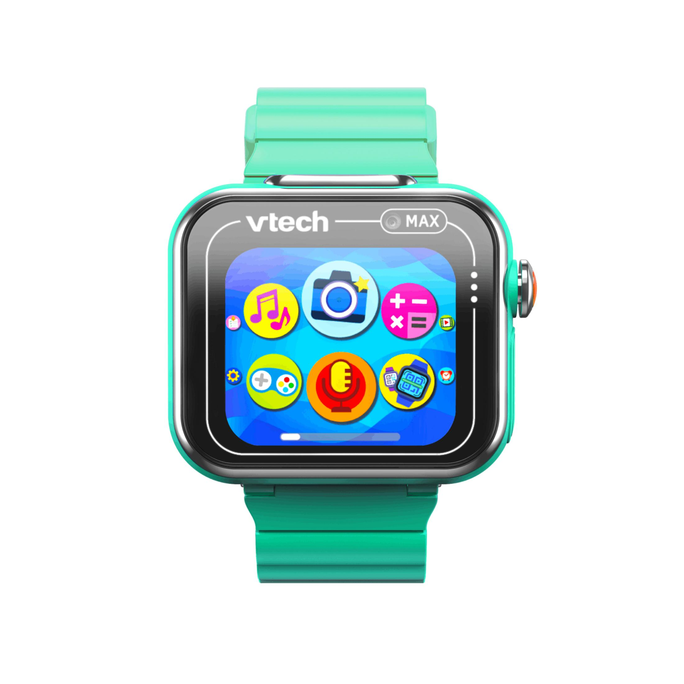Smartwatch VTech con cinturino verde e icone app colorate sullo schermo.