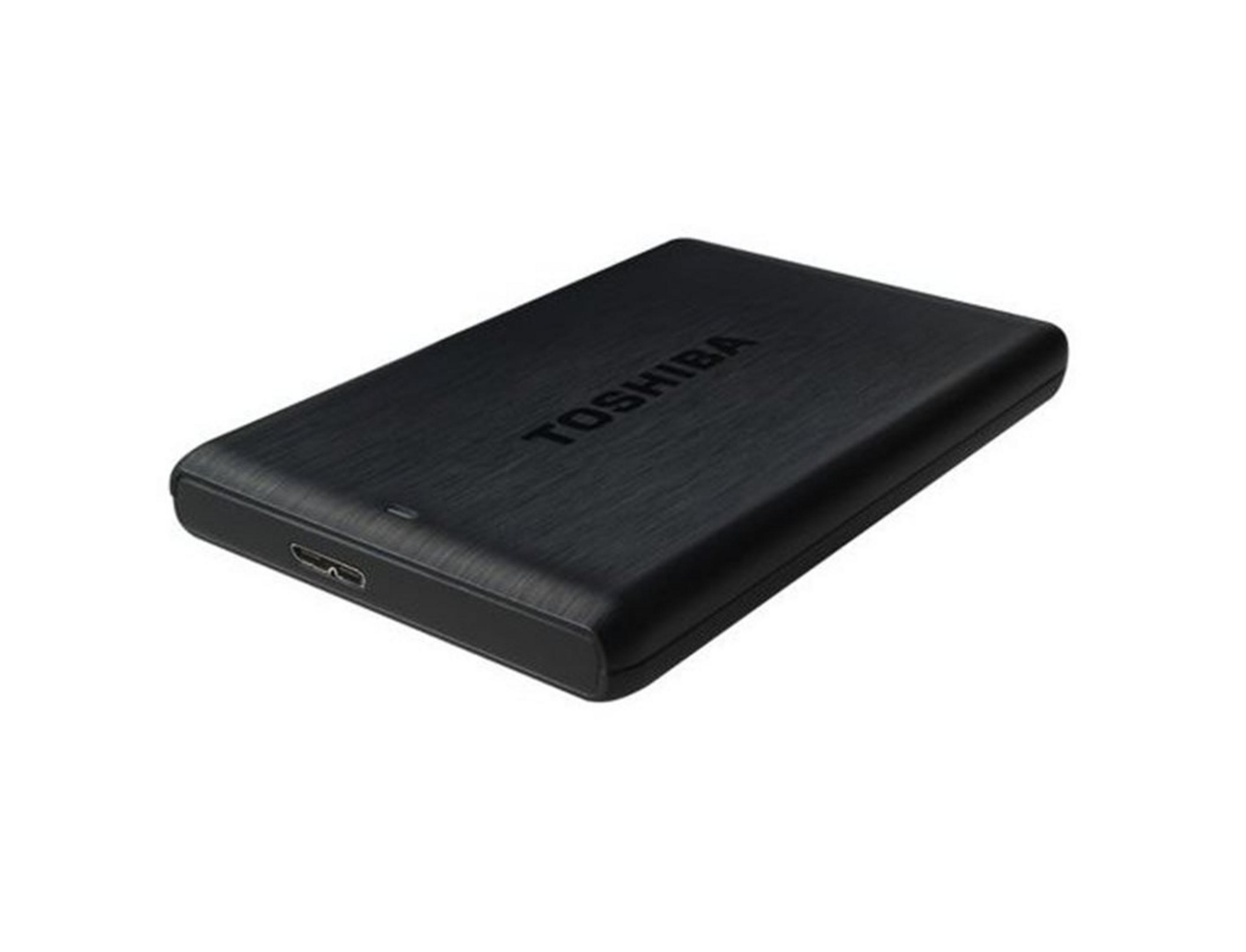 Schwarze Toshiba externe Festplatte mit gebürsteter Oberfläche.
