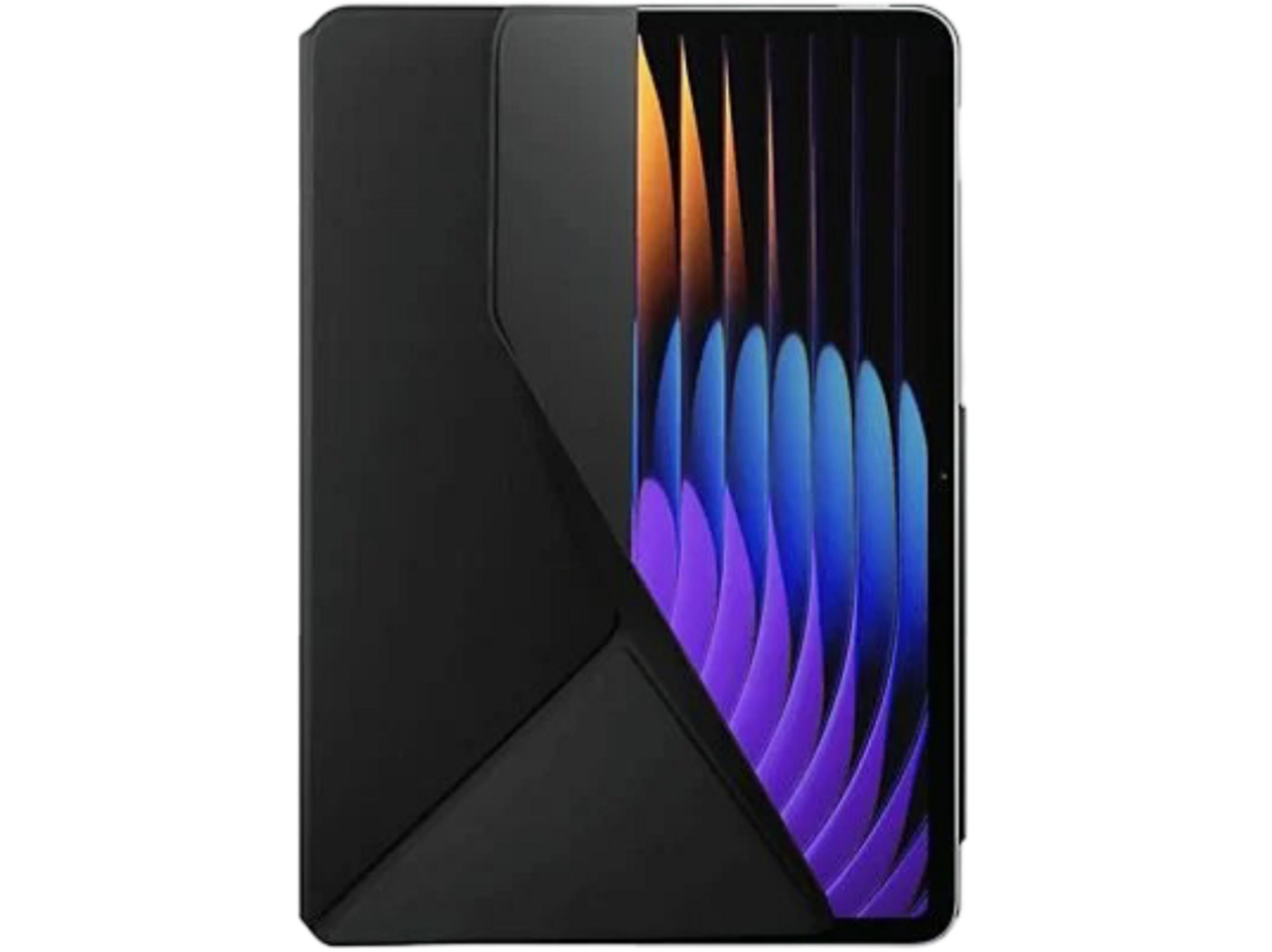 Tablet nero in custodia protettiva con sfondo astratto e colorato.
