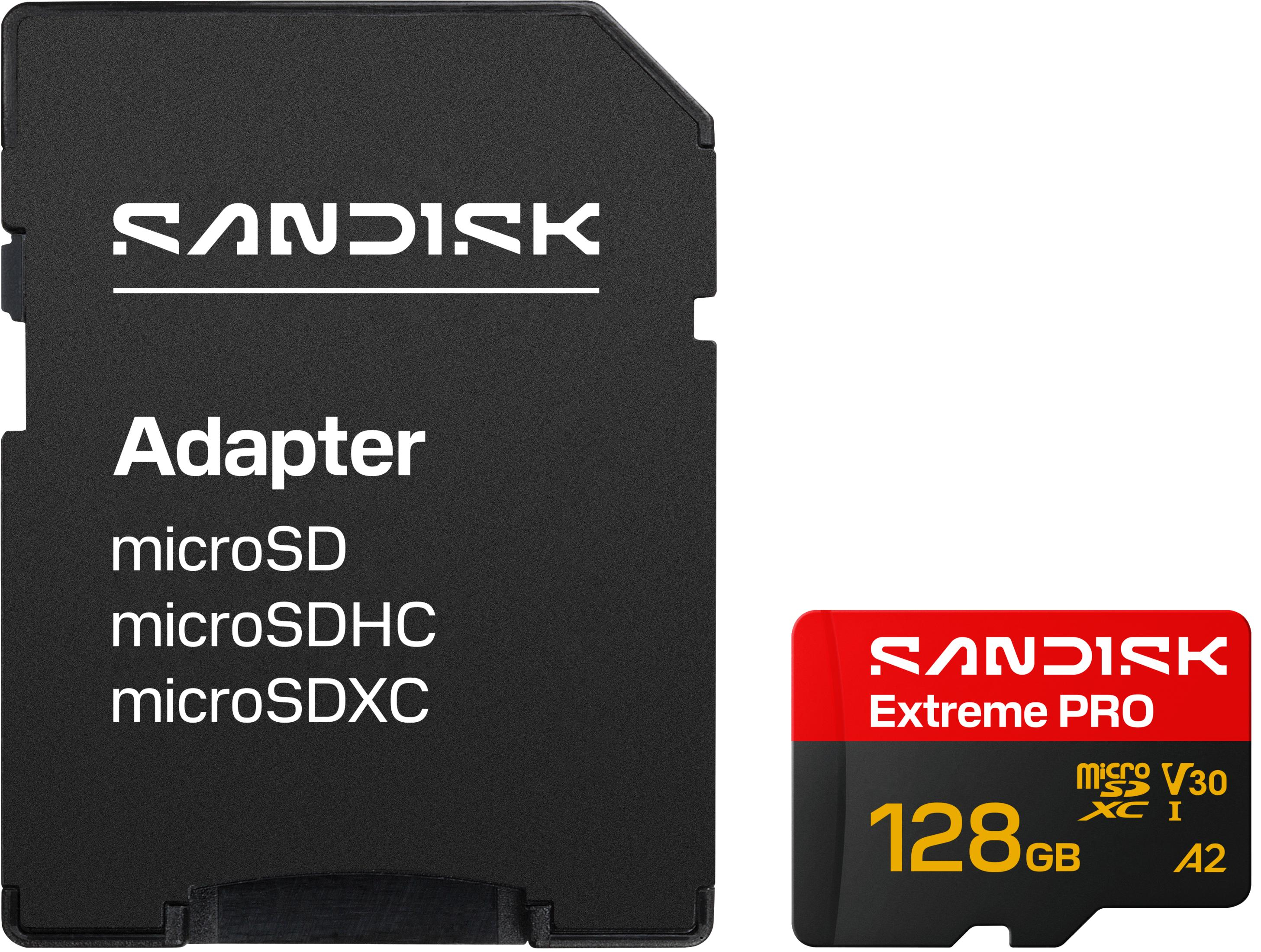 Un adaptateur Sandisk et une carte MicroSDXC de 128 Go.