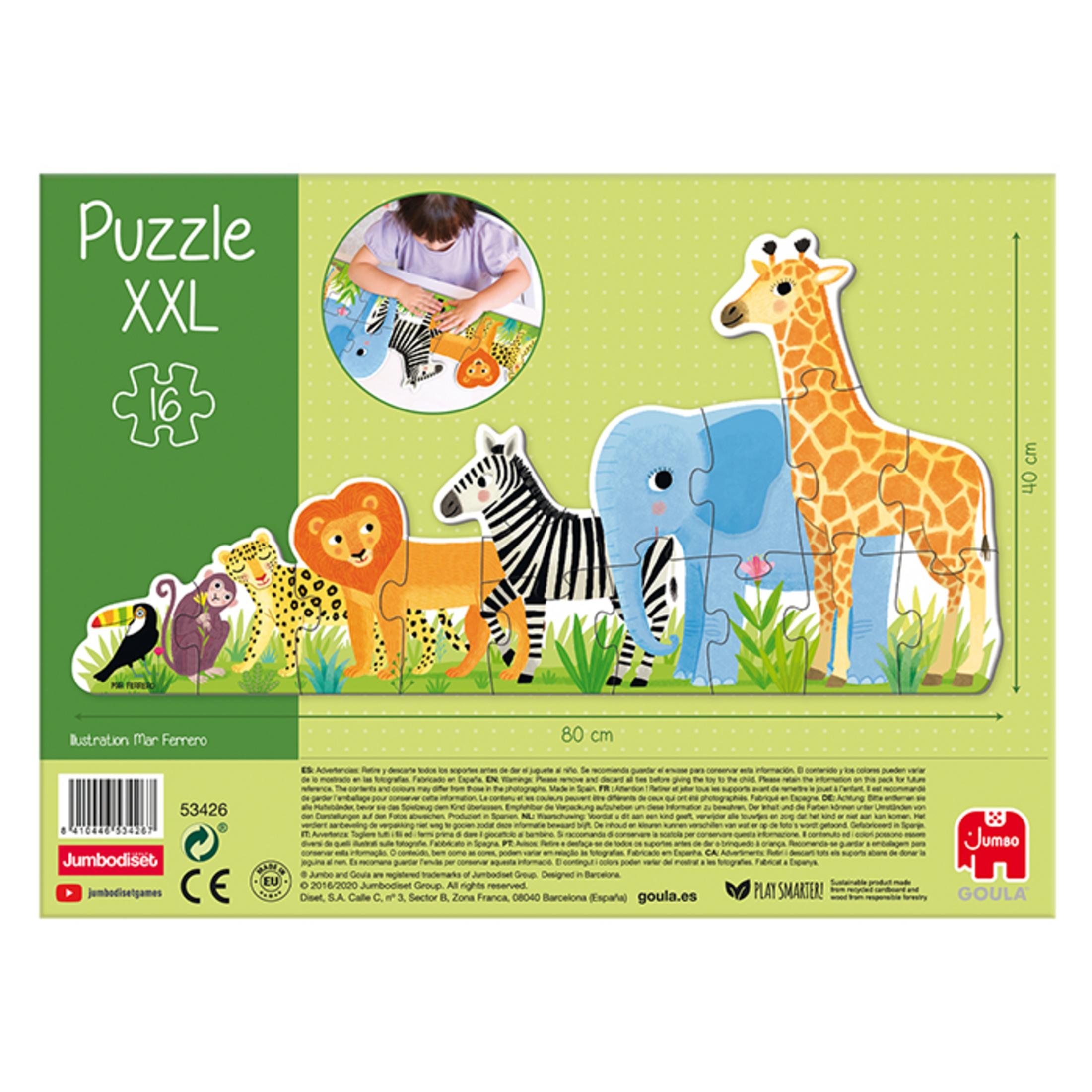 XXL Puzzel met dieren: olifant, giraf, zebra, leeuw, luipaard, aap, toekan.