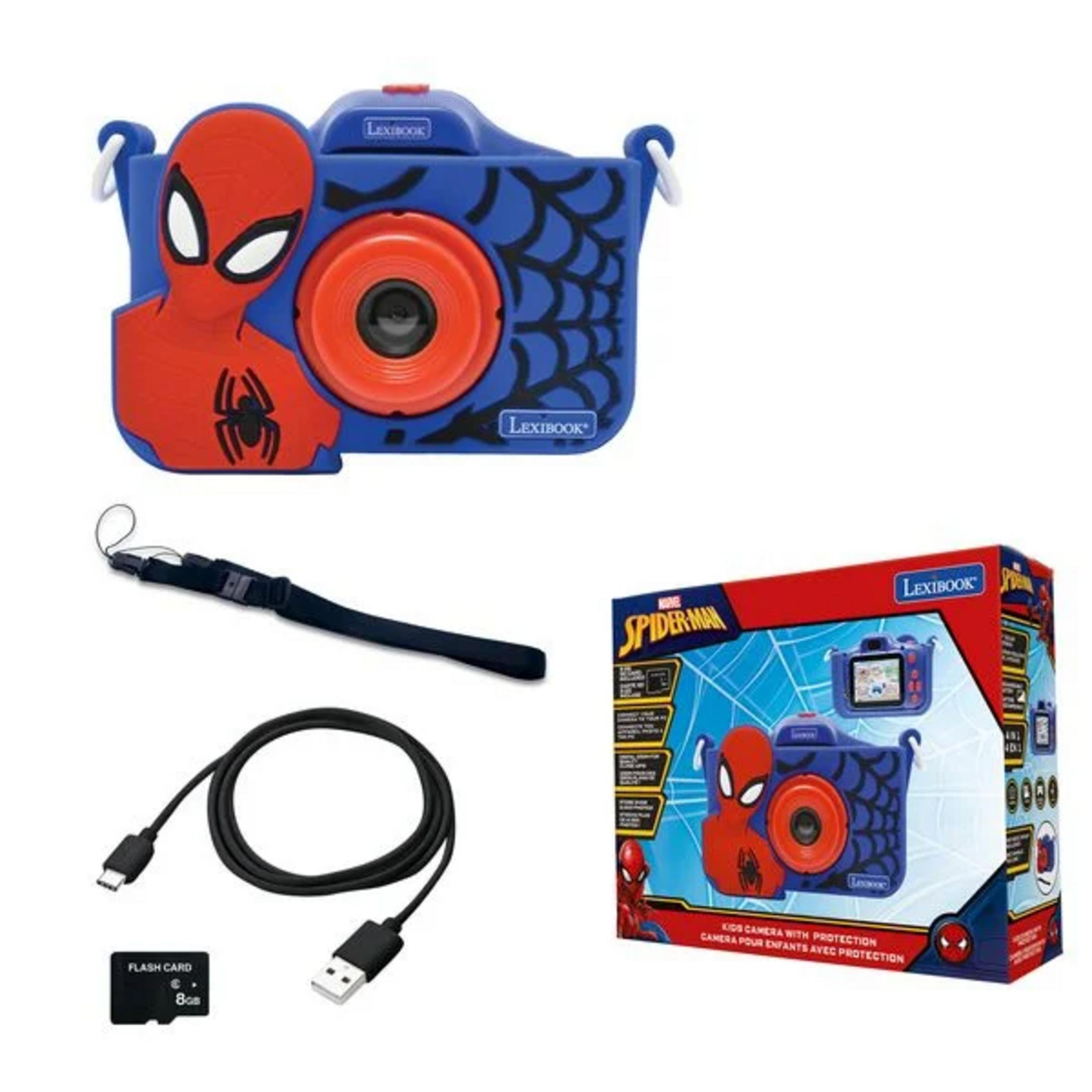 Aparat Spidermana z akcesoriami: aparat, kabel, smycz, karta pamięci.
