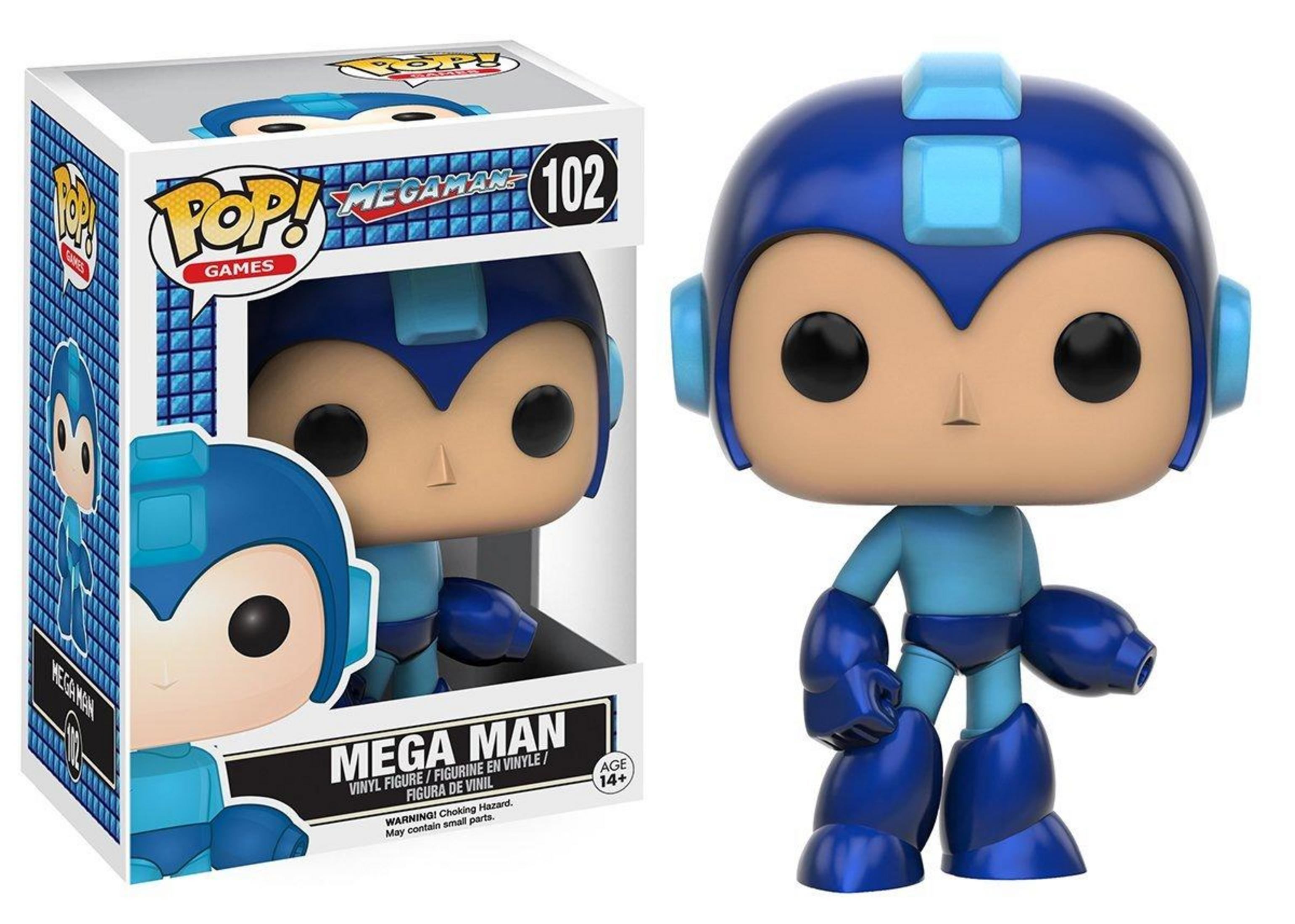 Action figure Funko Pop blu di Mega Man con scatola, numero 102, su sfondo bianco.