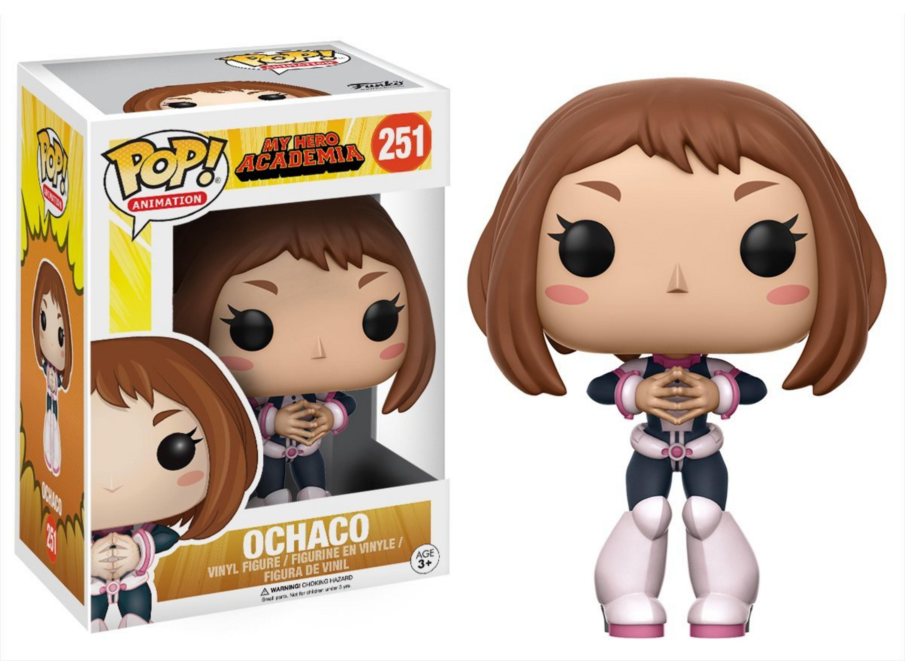 Action figure Funko Pop di Ochaco in scatola. Costume blu scuro rosa.