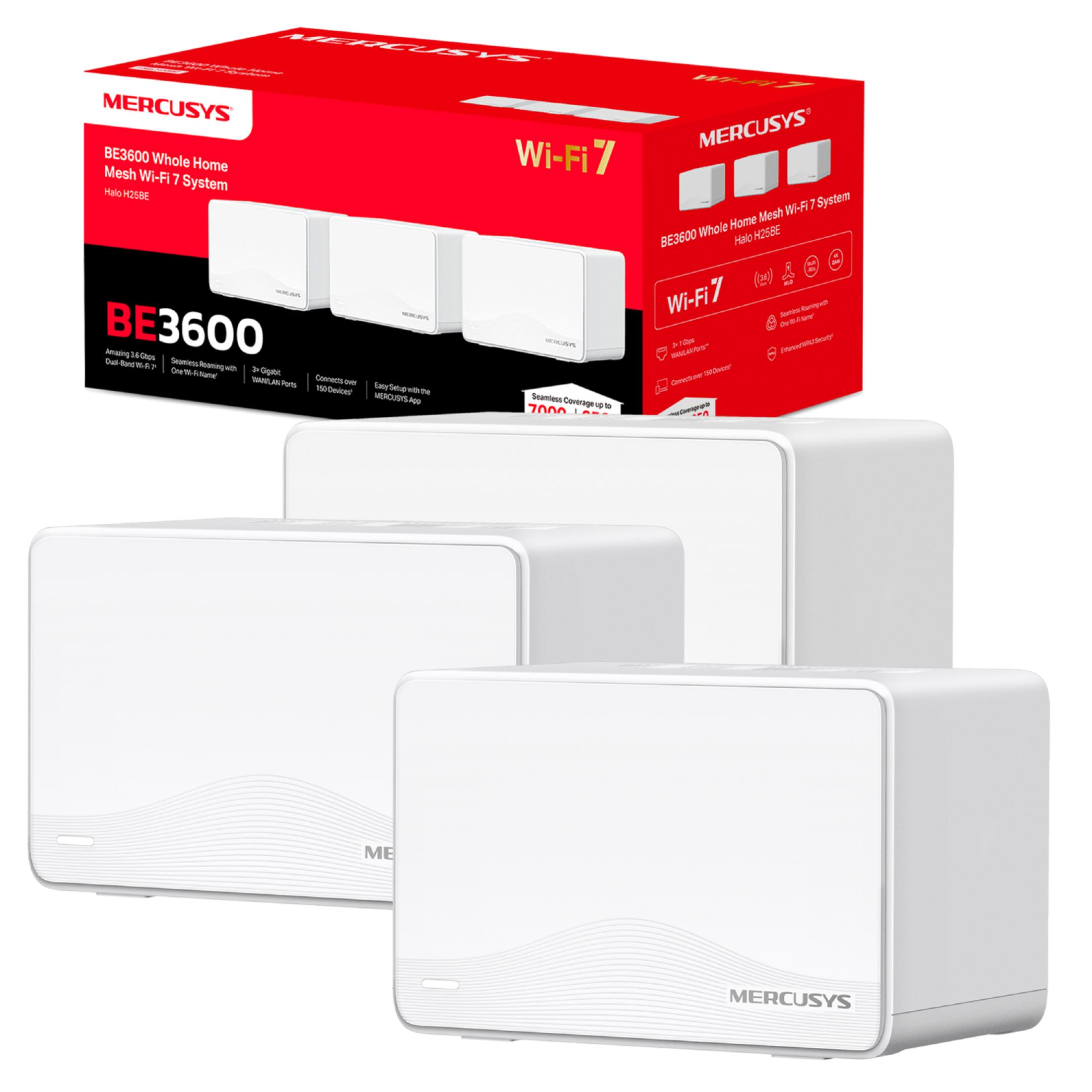 Un sistema MERCUSYS BE3600 Mesh Wi-Fi 7 para todo el hogar con tres unidades blancas.