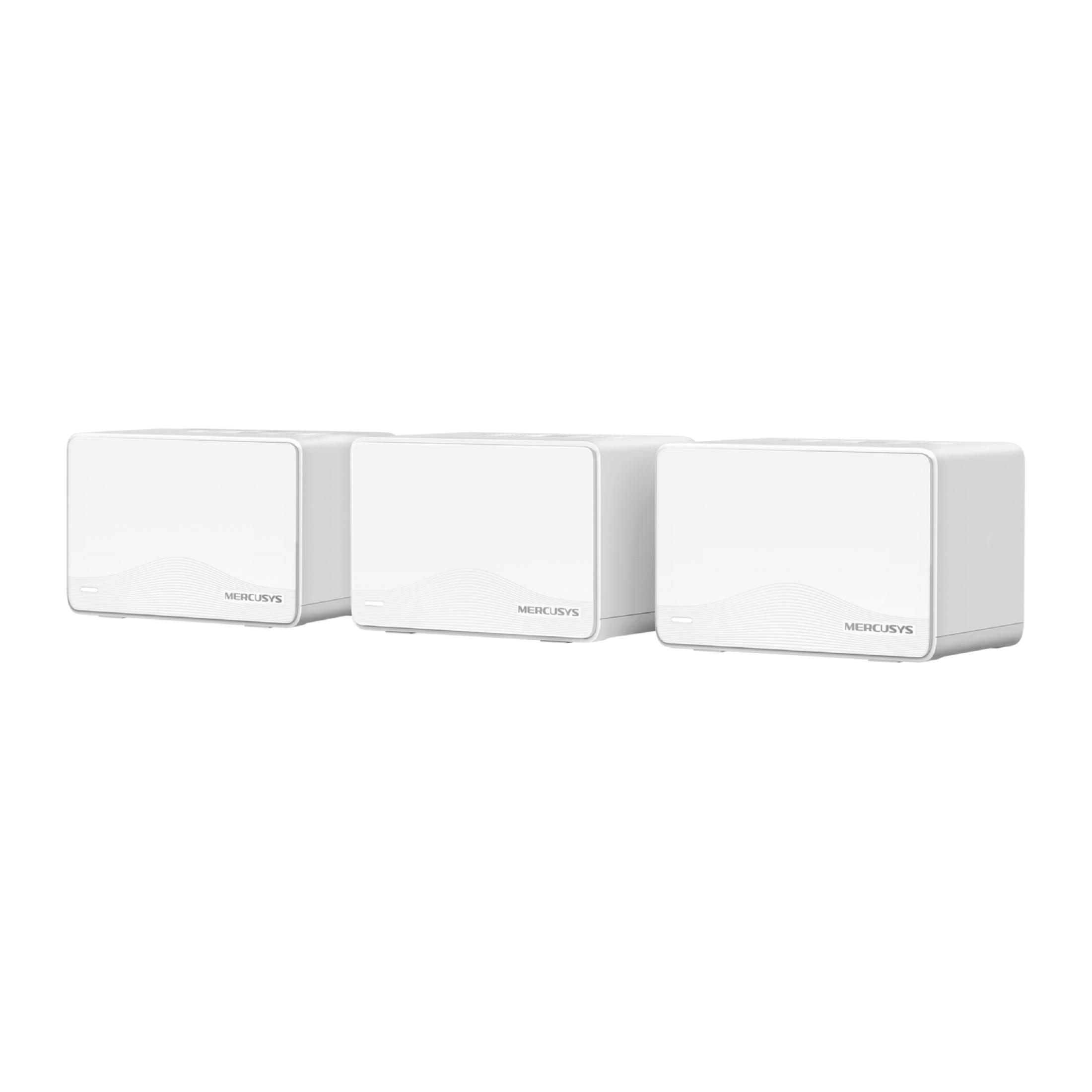 Tres routers blancos MERCUSYS están uno al lado del otro sobre fondo blanco.