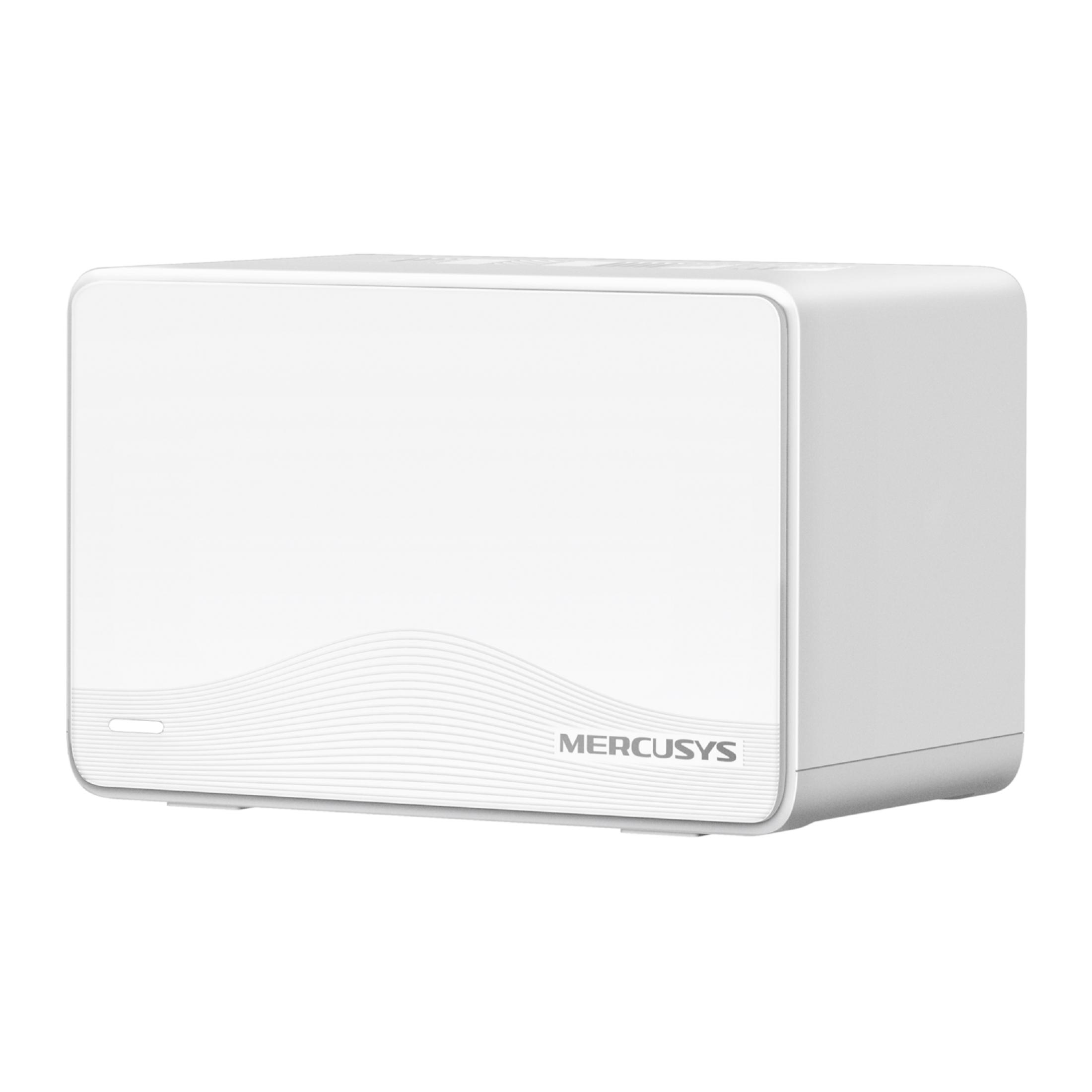 Un router Mercusys blanco con un diseño minimalista y patrón de ondas al frente.