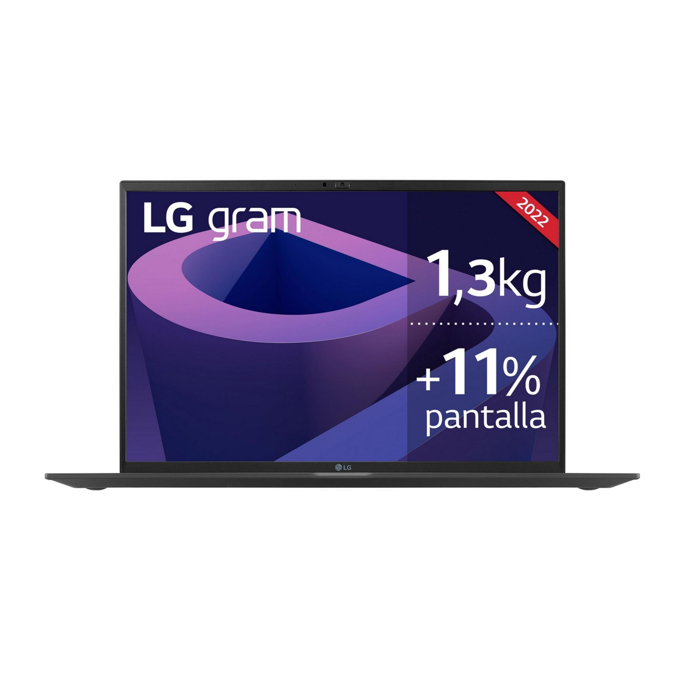 Un portátil LG Gram negro con un gráfico morado en la pantalla.