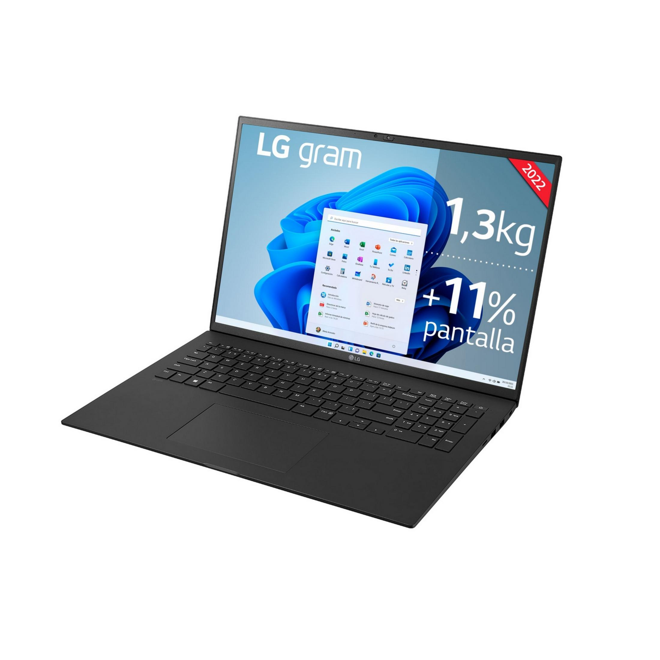 Portátil LG Gram negro con pantalla de inicio de Windows 11, 1,3 kg y 11% pantalla.