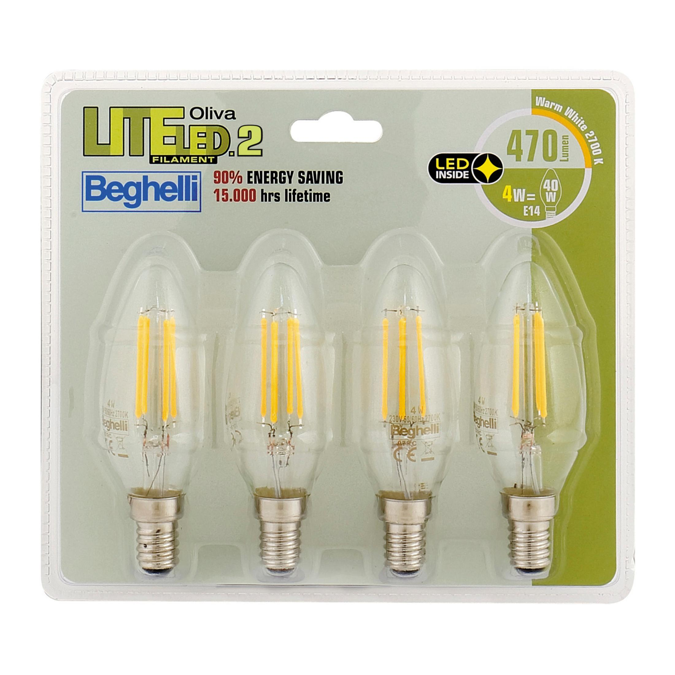Confezione di quattro lampadine LED a filamento, bianco caldo, 4W, attacco E14.