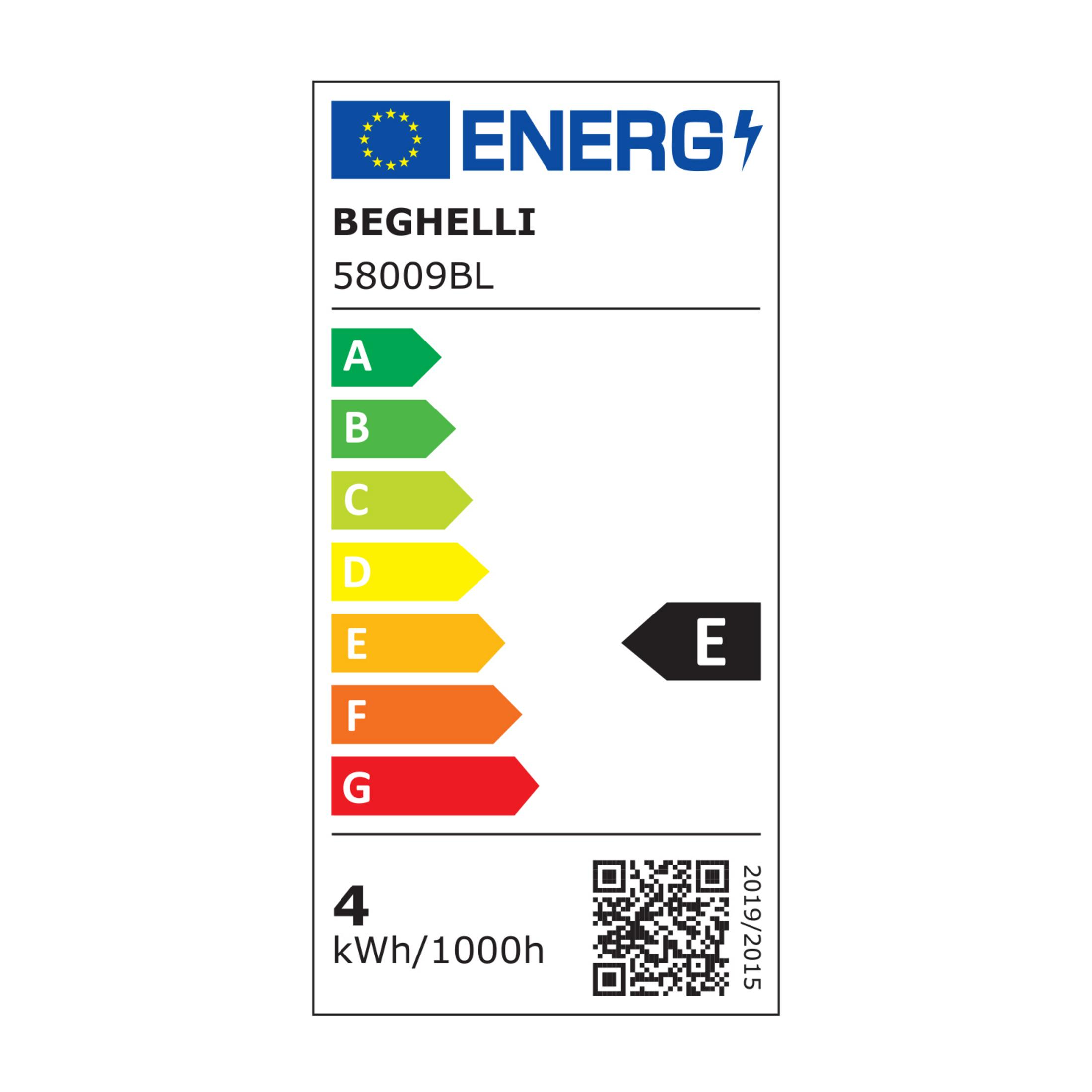 Etichetta energetica scala A-G, marca BEGHELLI, modello 58009BL, classe E.
