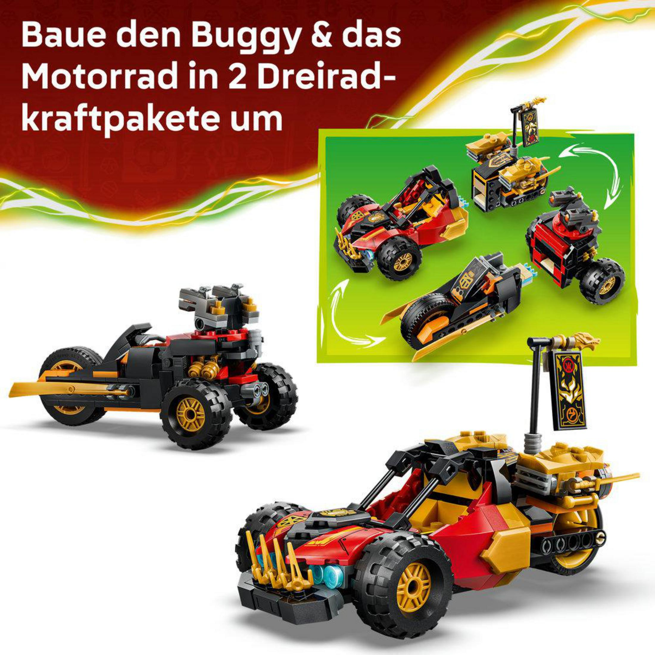 Vehículos LEGO: una motocicleta, un buggy y un triciclo a motor en rojo, negro y dorado.