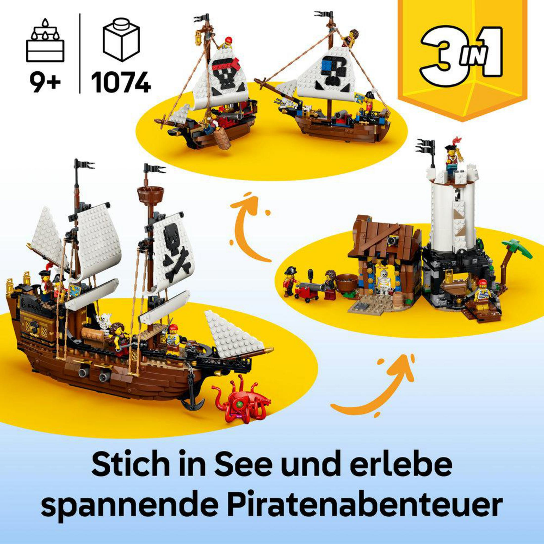 LEGO barcos piratas, faro y edificios con figuras. Edad 9+.