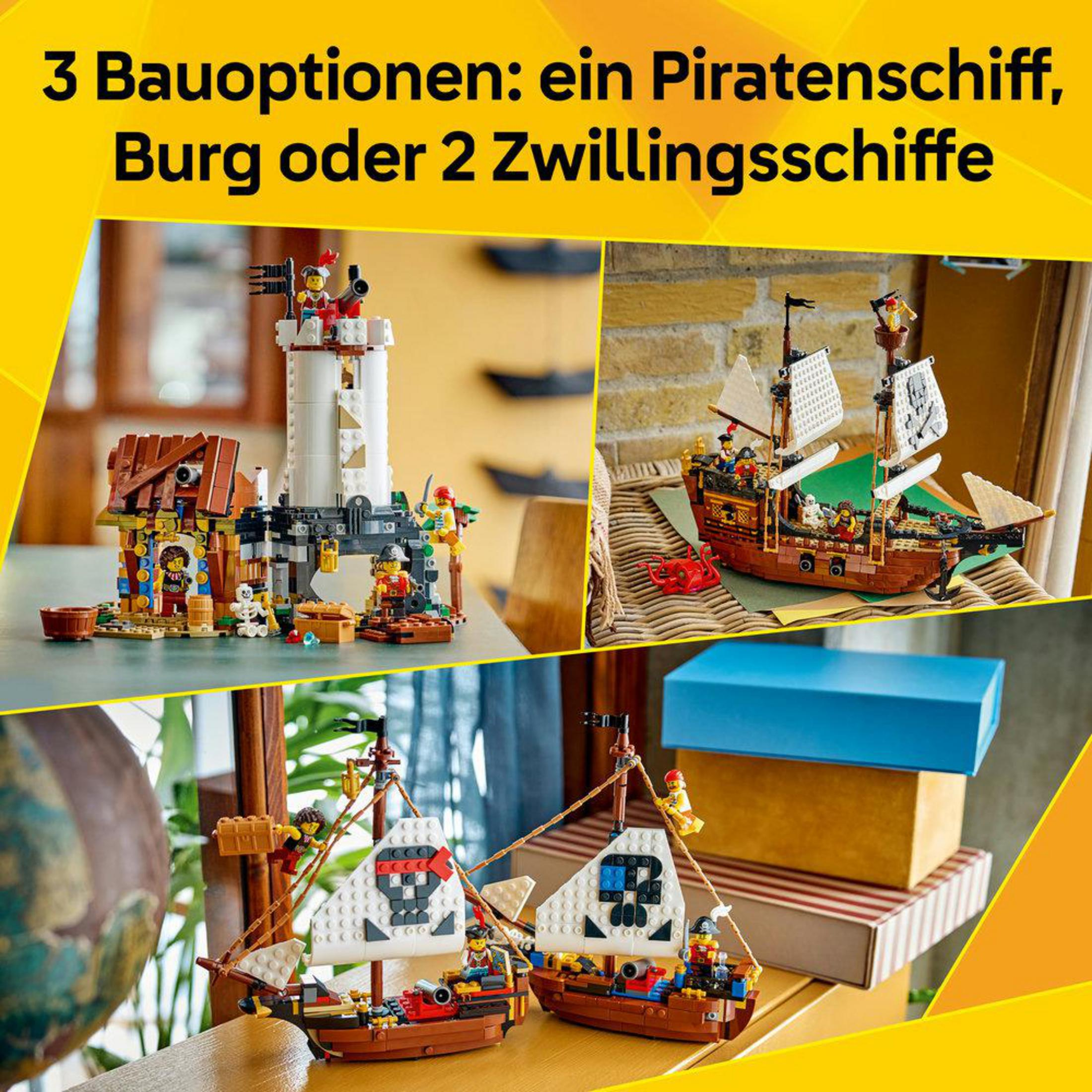 Tres opciones de construcción Lego: un castillo, un barco pirata o dos barcos gemelos.