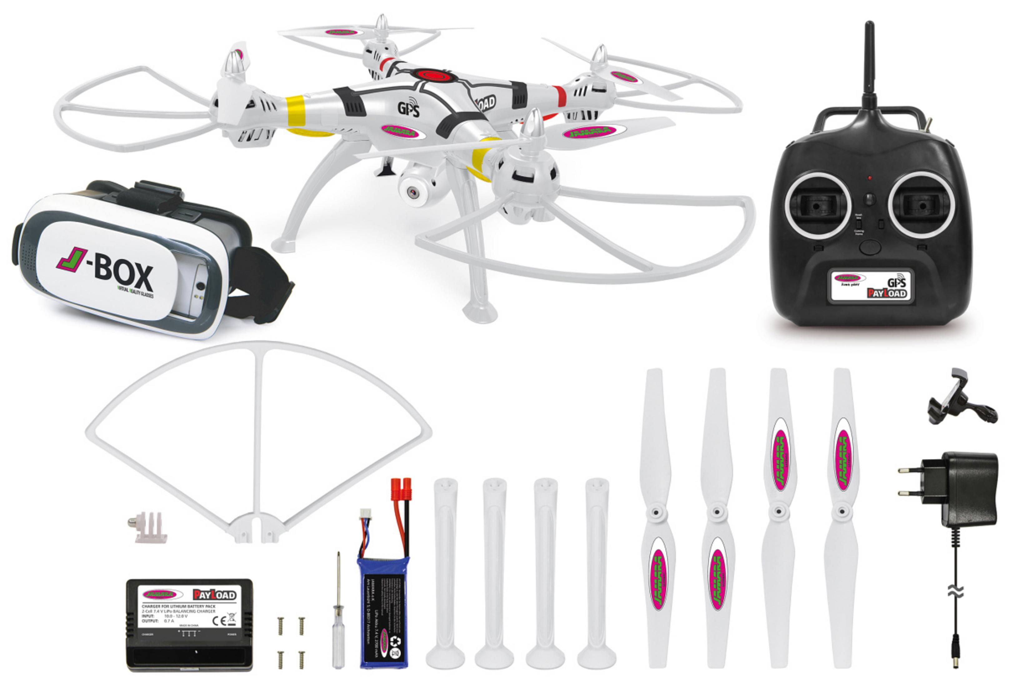 Un drone quadricottero bianco con accessori: occhiali VR, telecomando, eliche, batteria, caricatore.