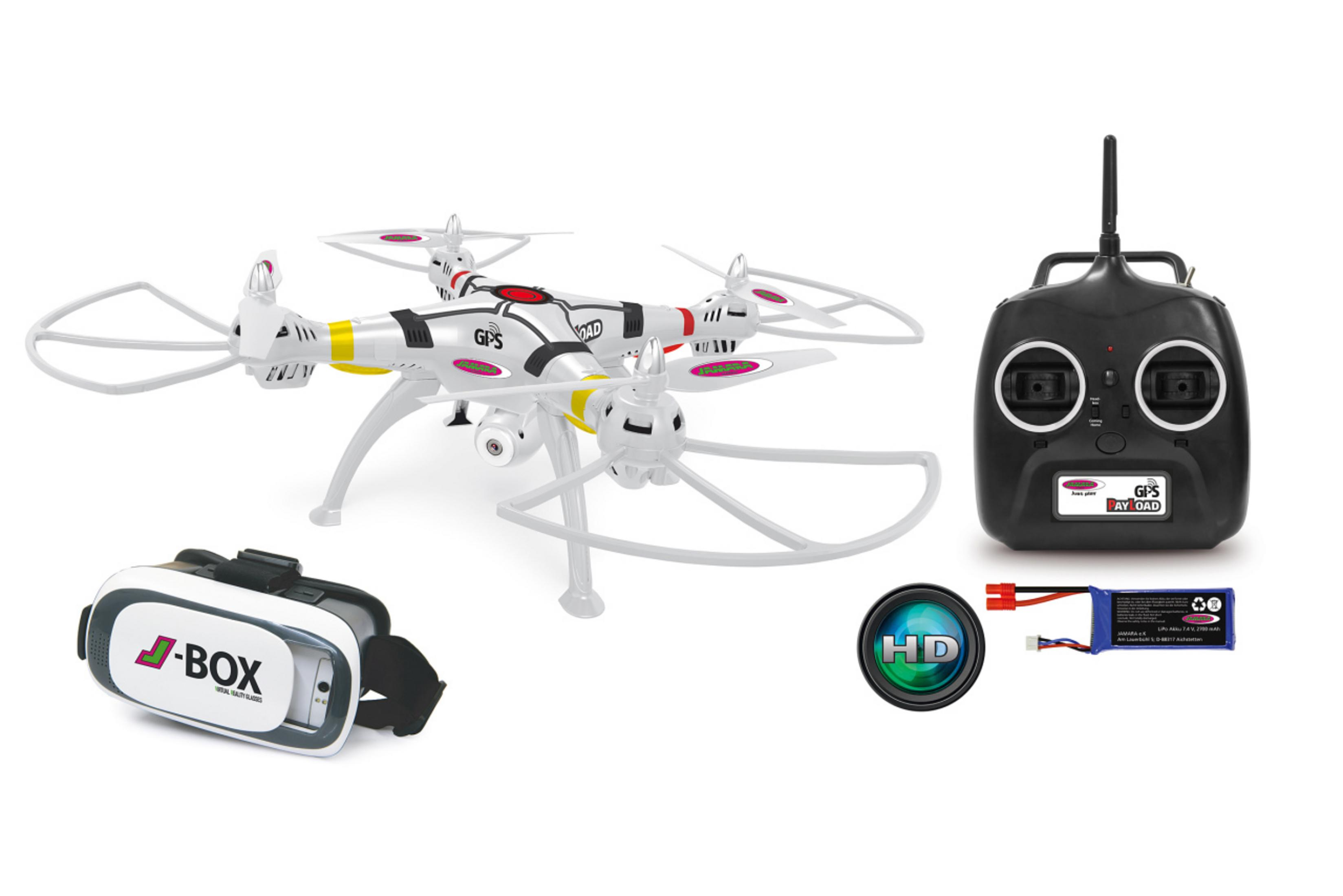Drone con telecomando, visore VR, icona telecamera HD e pacco batteria.