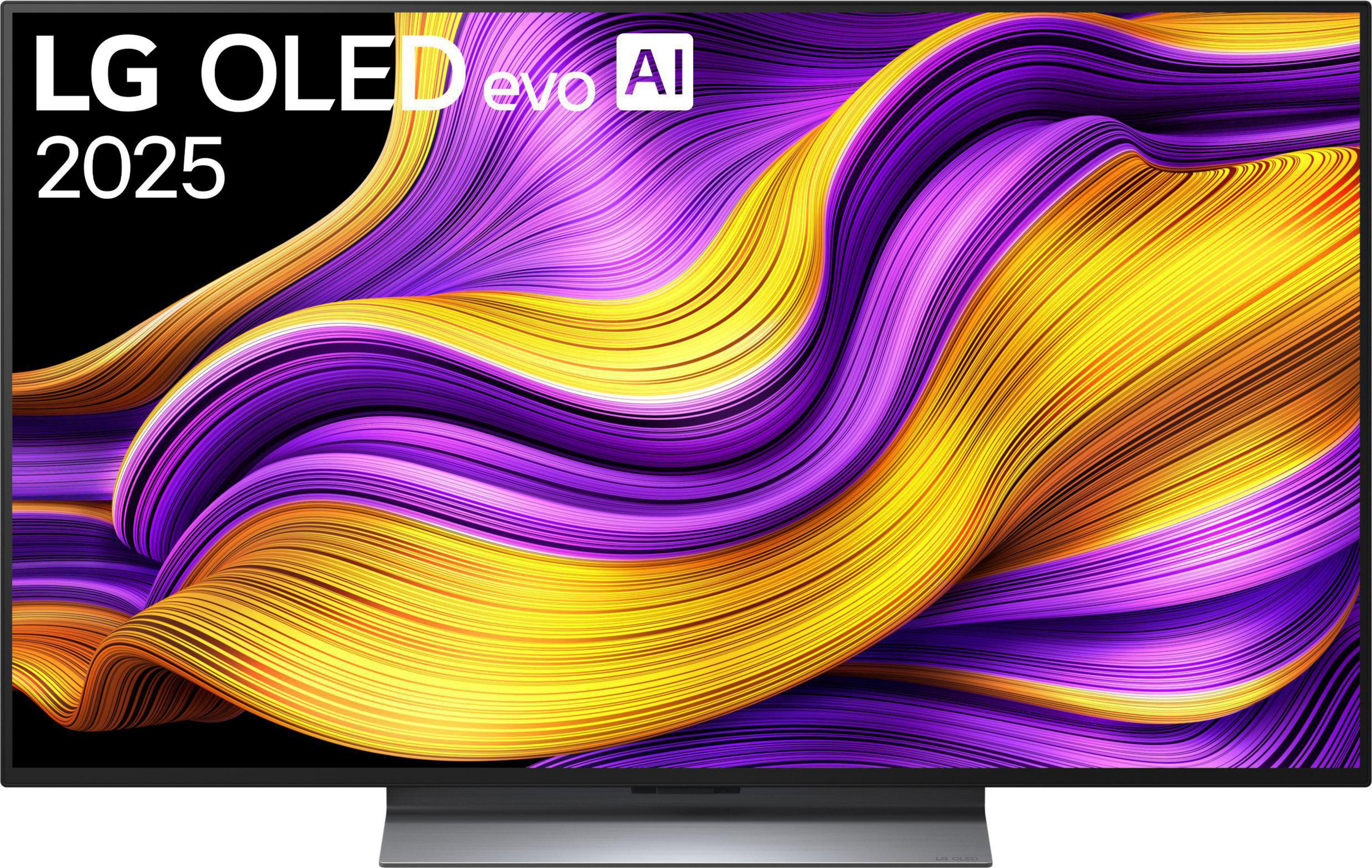 TV LG OLED evo AI con grafica astratta di sfondo a onde viola e gialle.