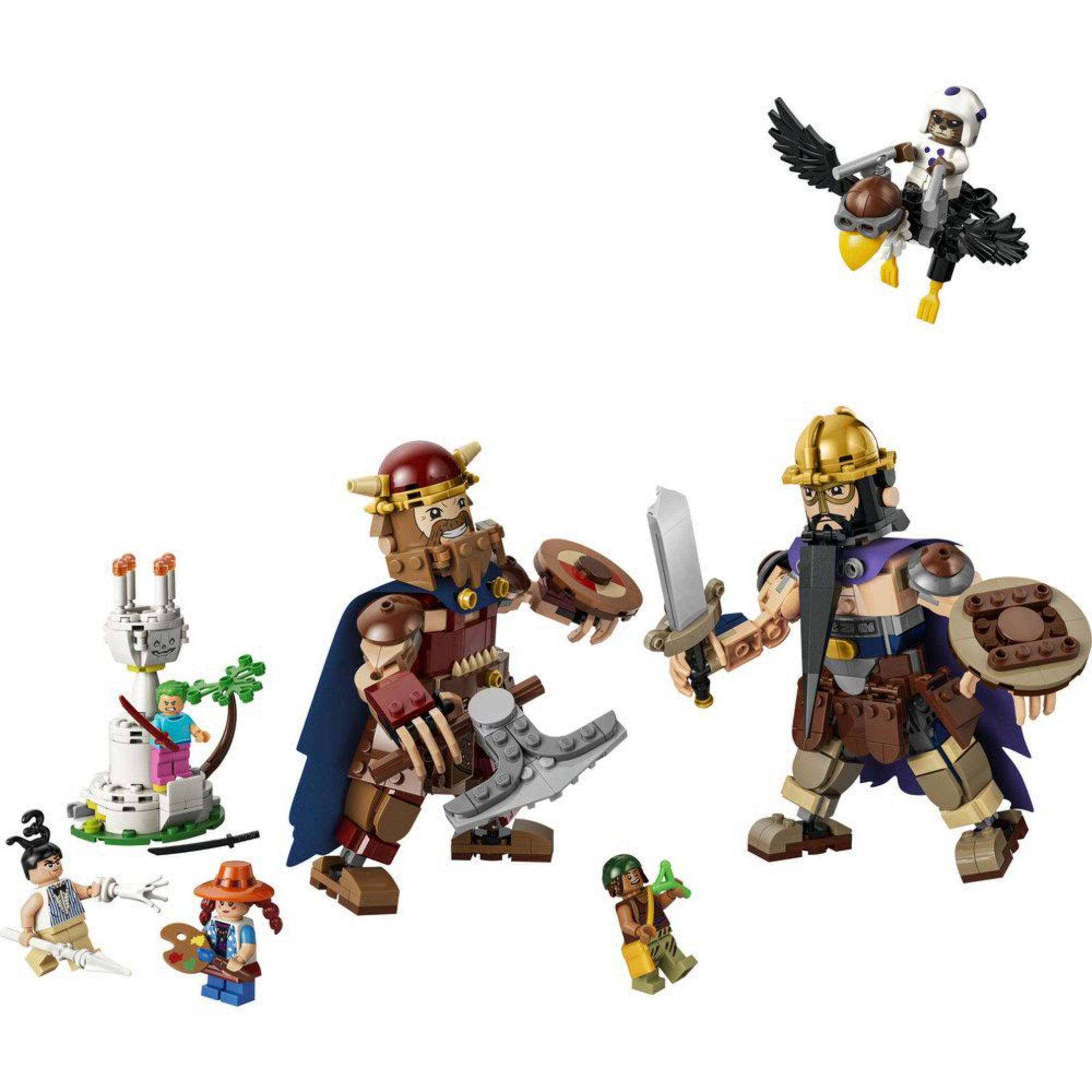 Figuras Lego: vikingos, jinete de águila, pintor y más sobre fondo blanco.