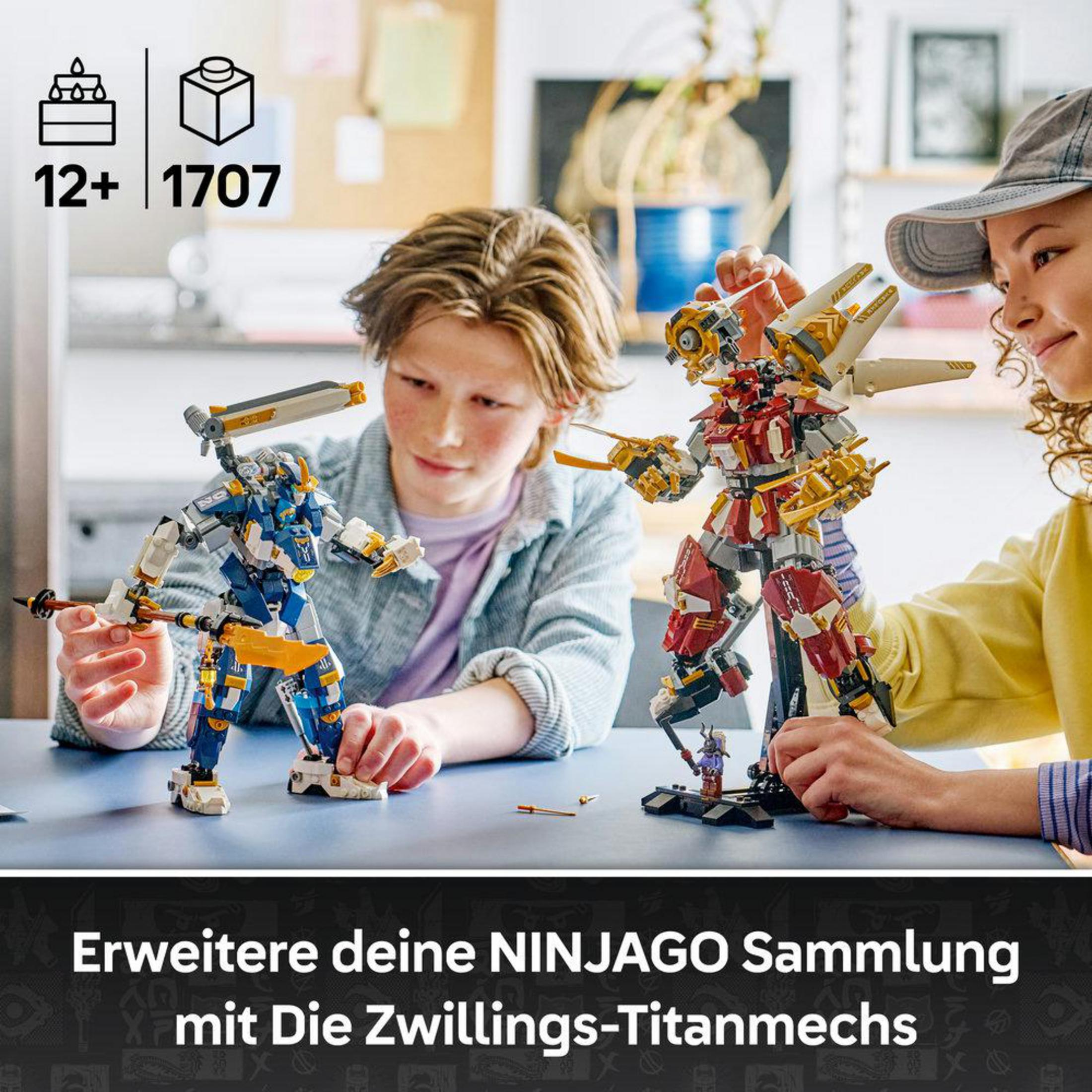 Dos niños construyen mechs de Lego Ninjago. Recomendado para mayores de 12 años.