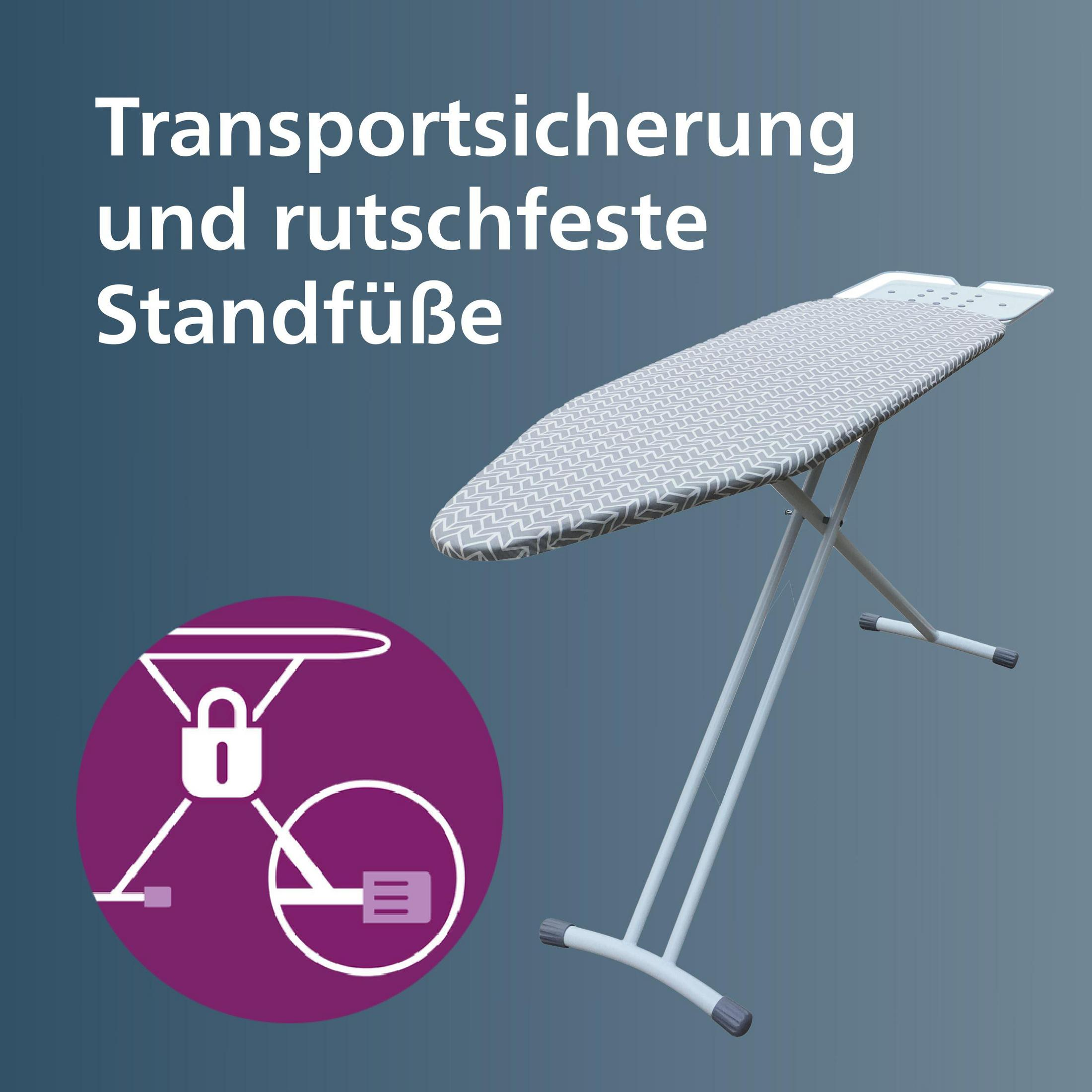 Bügeleisen mit Transportsicherung und rutschfesten Standfüßen.