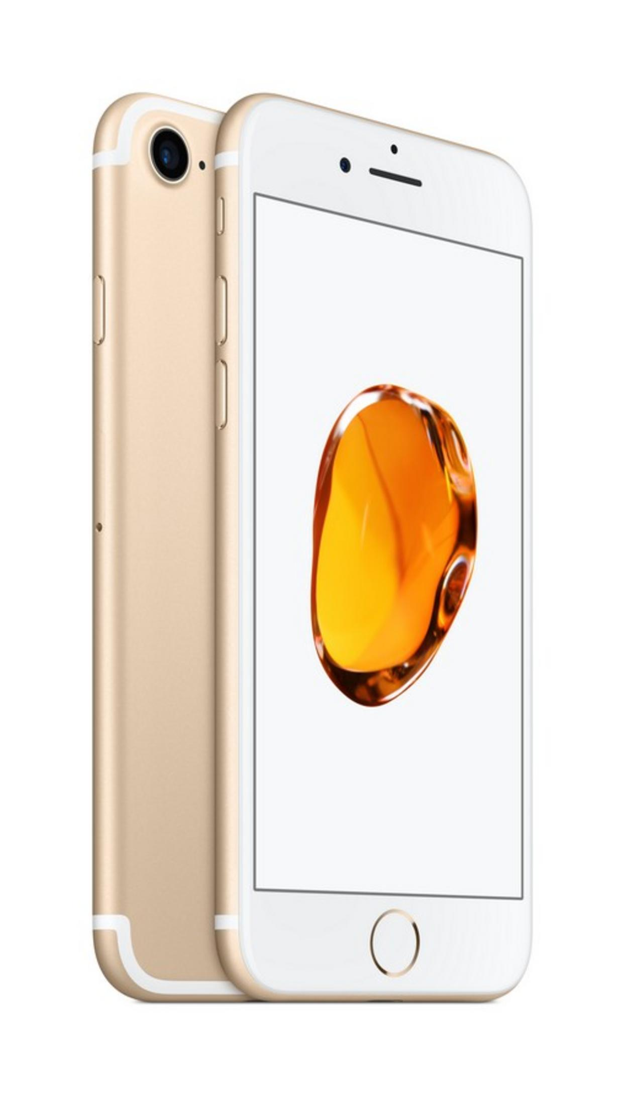 Due iPhone dorati uno accanto all'altro, uno mostra una goccia arancione sullo schermo.