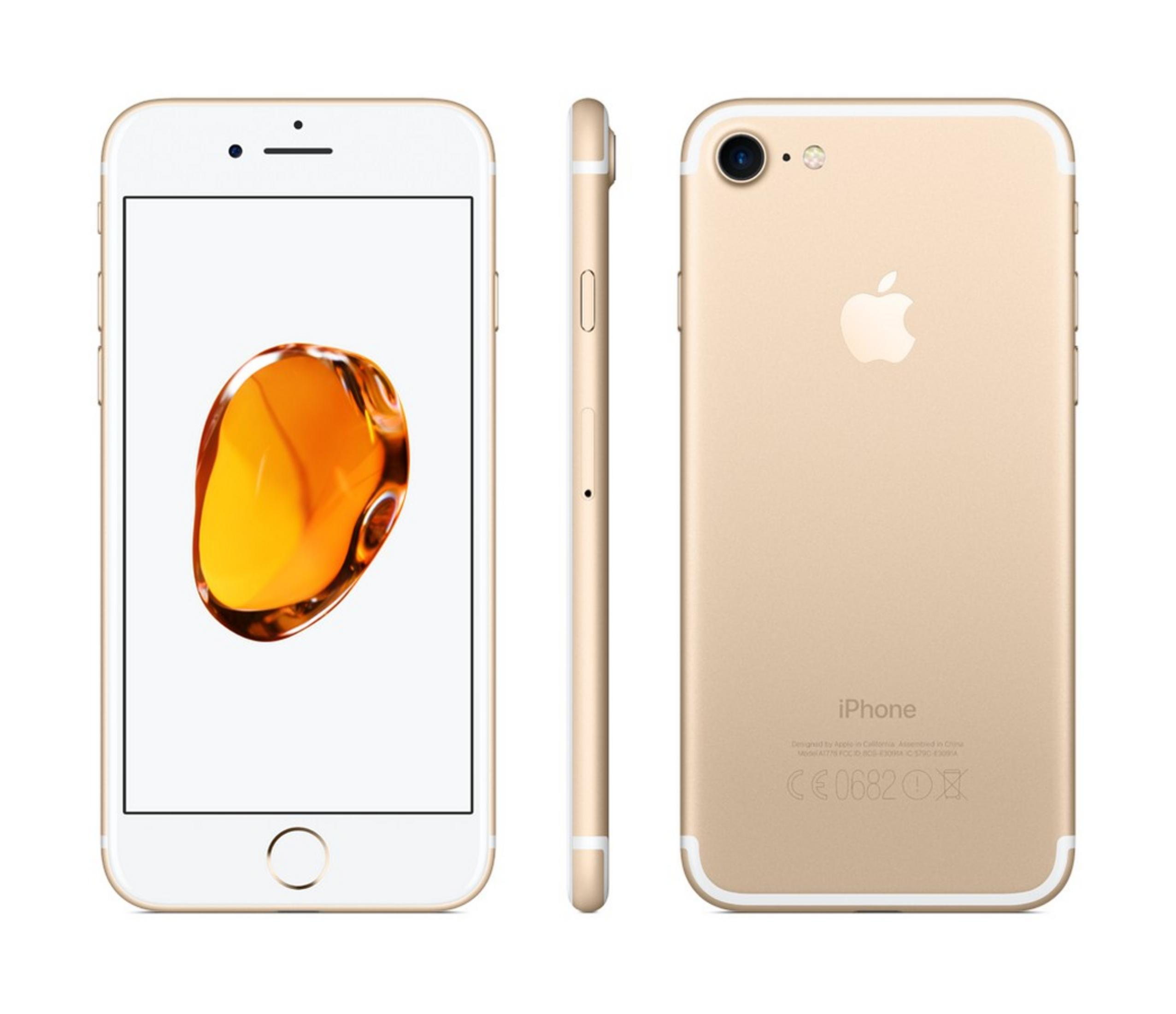 Viste frontale, laterale e posteriore dell'iPhone 7 oro. La parte anteriore mostra lo schermo con macchia arancione.