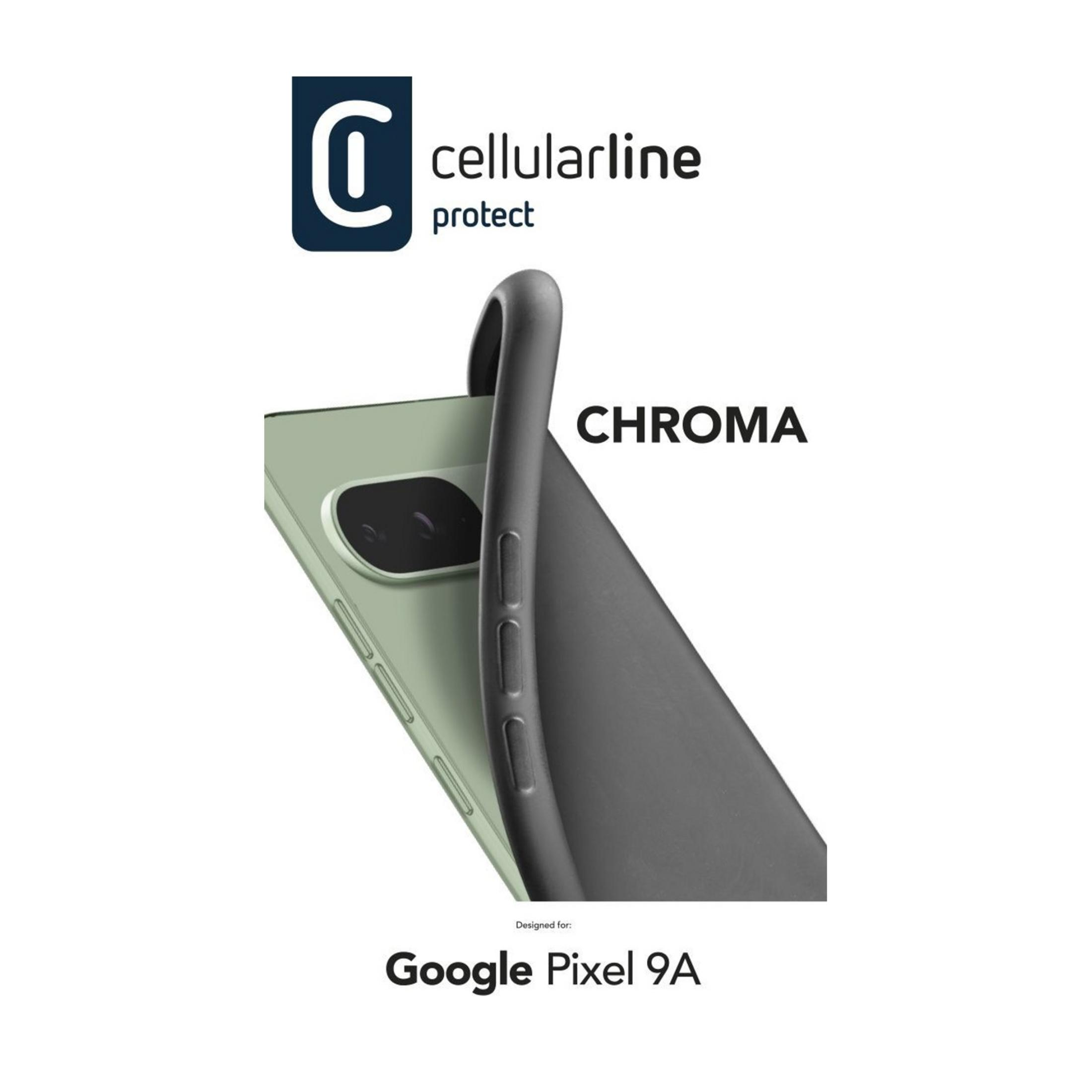 Una cover grigio scuro su un Google Pixel 9A verde chiaro.