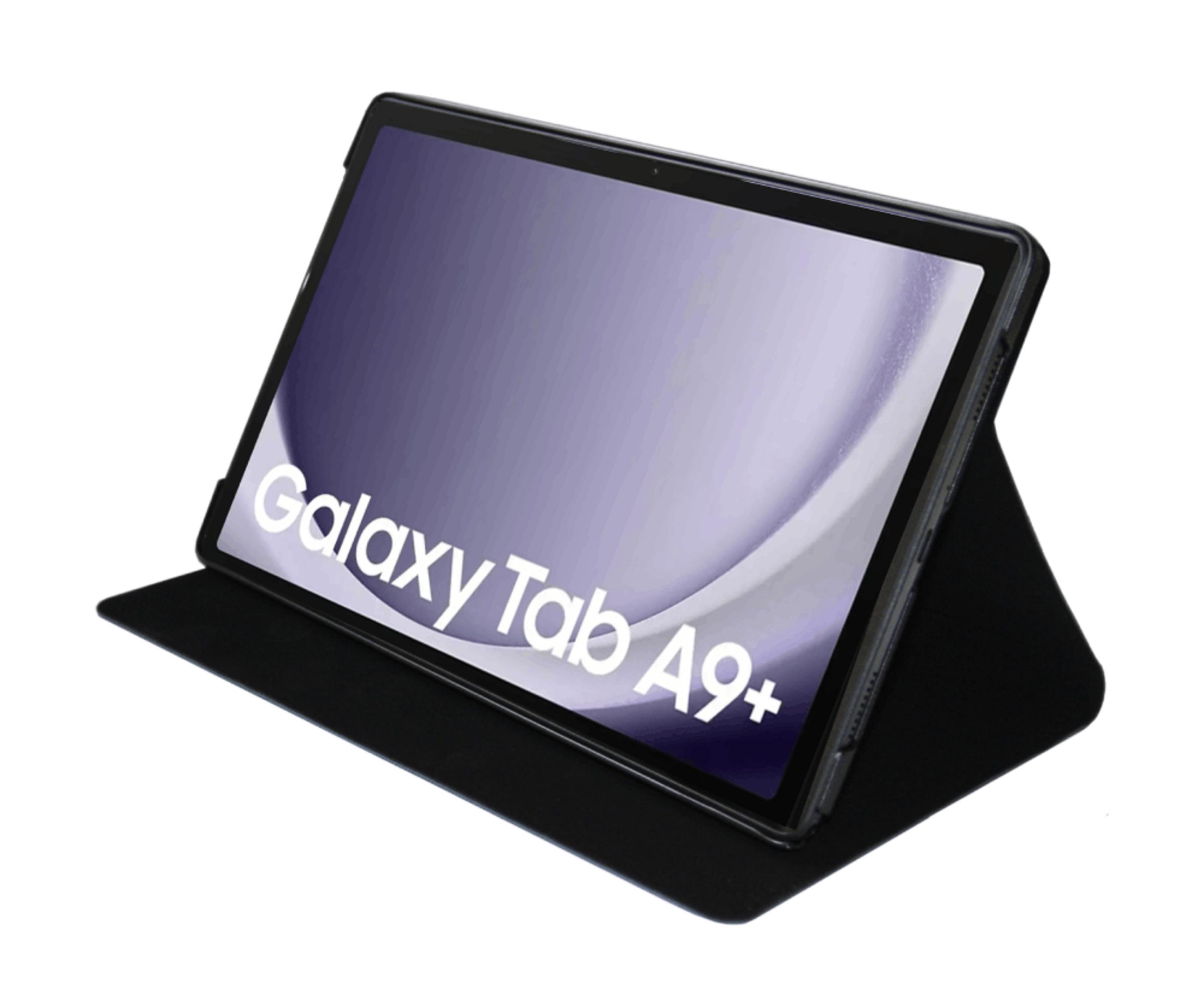 Una tablet negra con el texto 'Galaxy Tab A9+' sobre fondo púrpura.