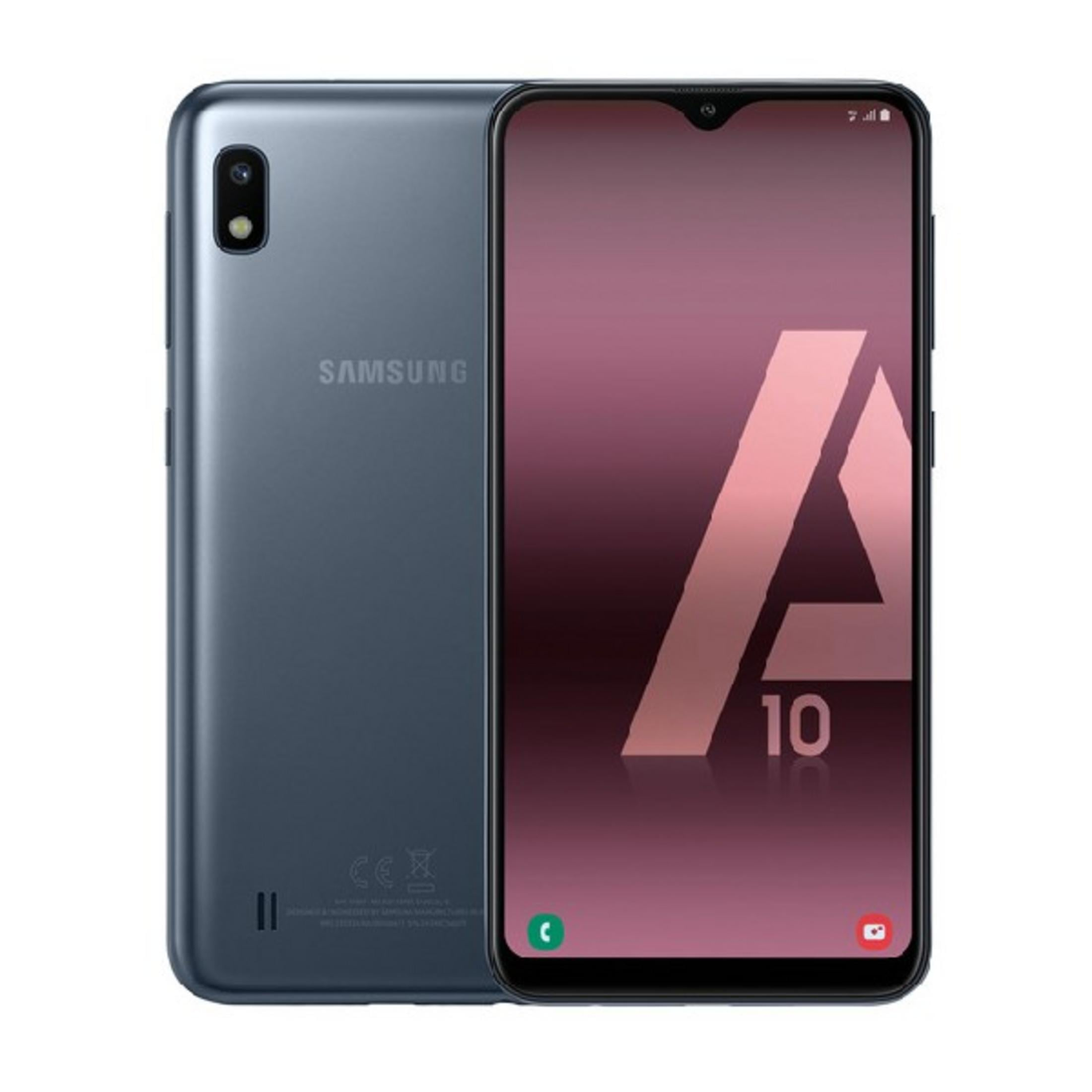 Un smartphone Samsung gris con dos cámaras traseras y el logo "A10" en la pantalla.