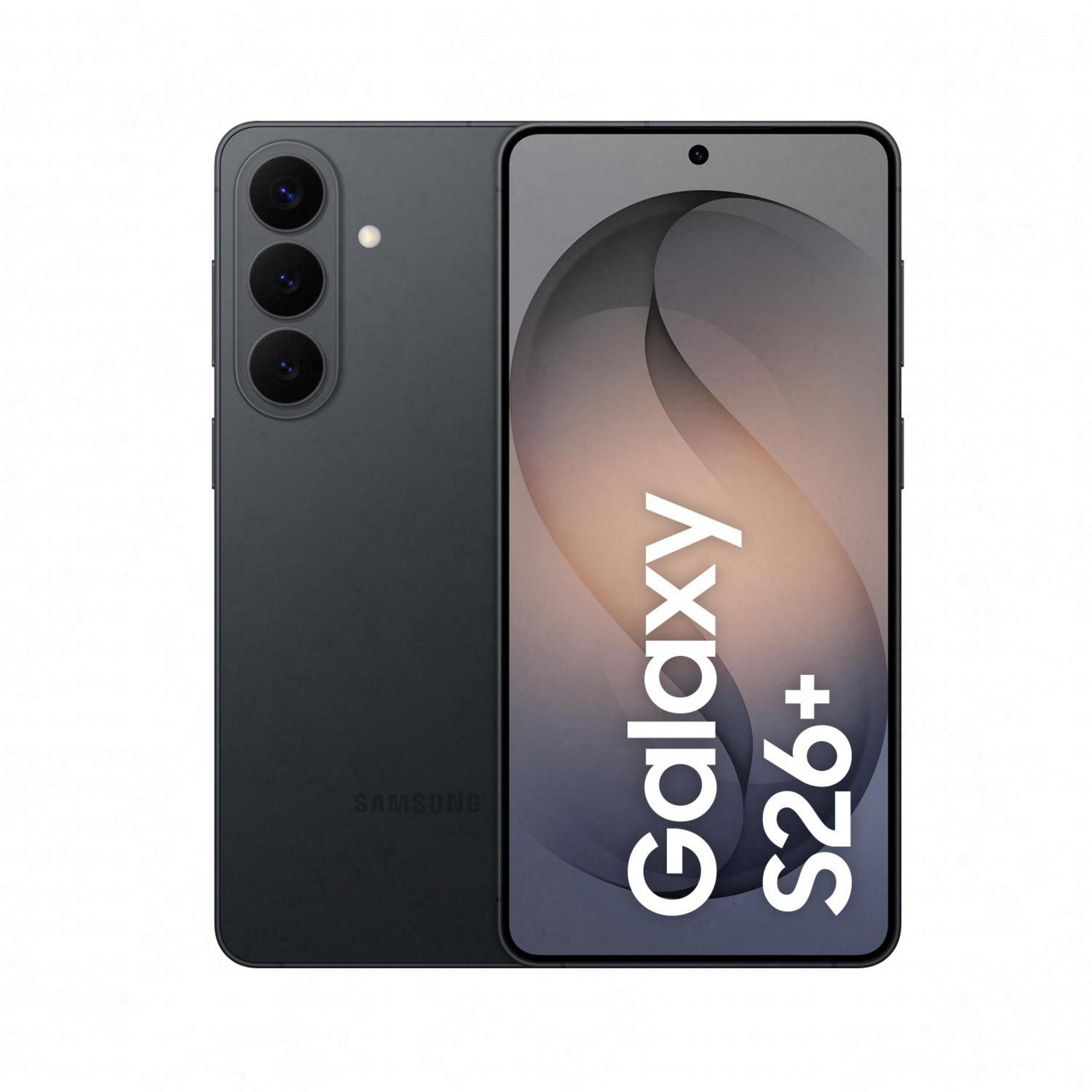 Ein dunkles Samsung Galaxy S26+ Smartphone mit drei Kameras auf der Rückseite.