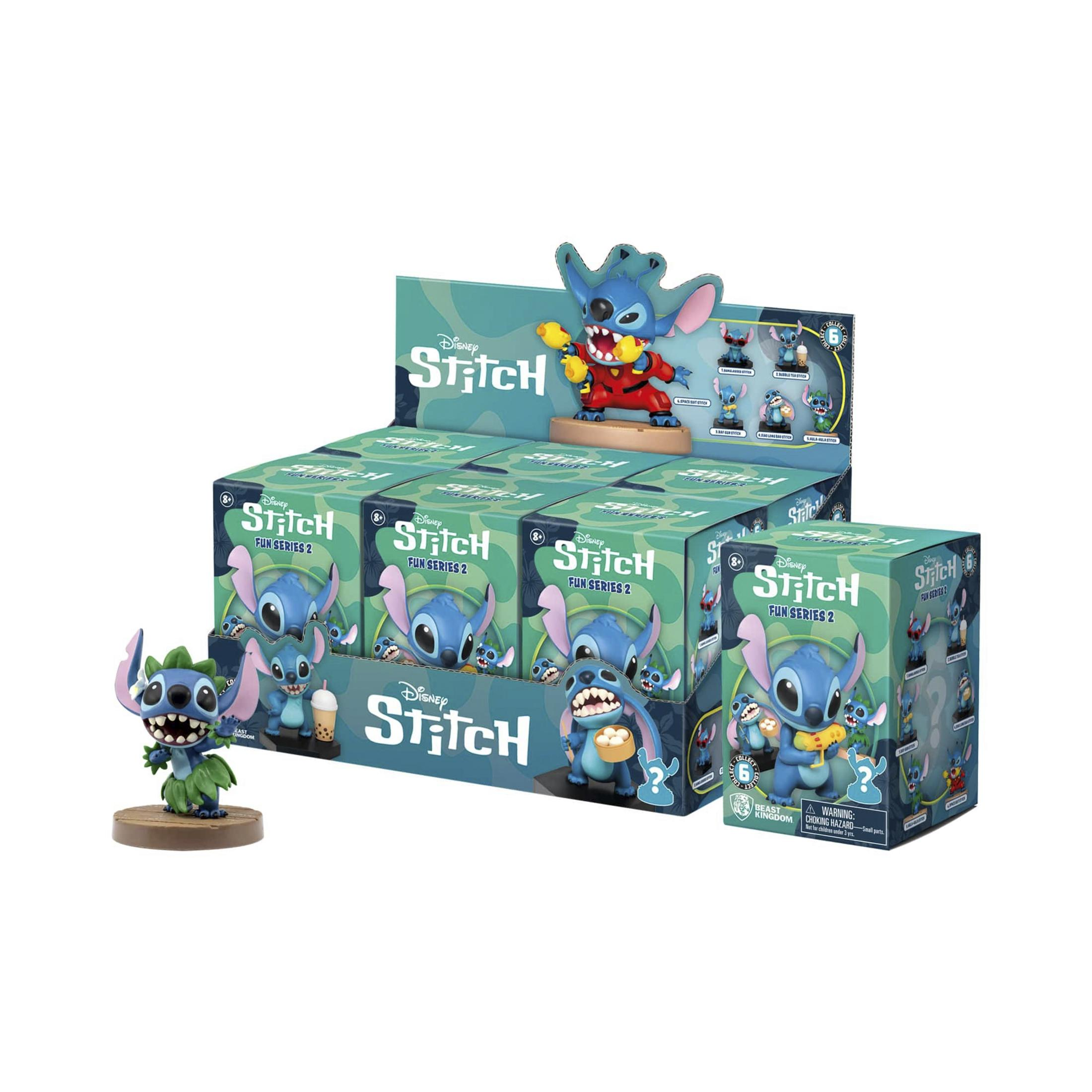 Stitch-Figuren und Sammelboxen der Serie 2, mit verschiedenen Outfits.