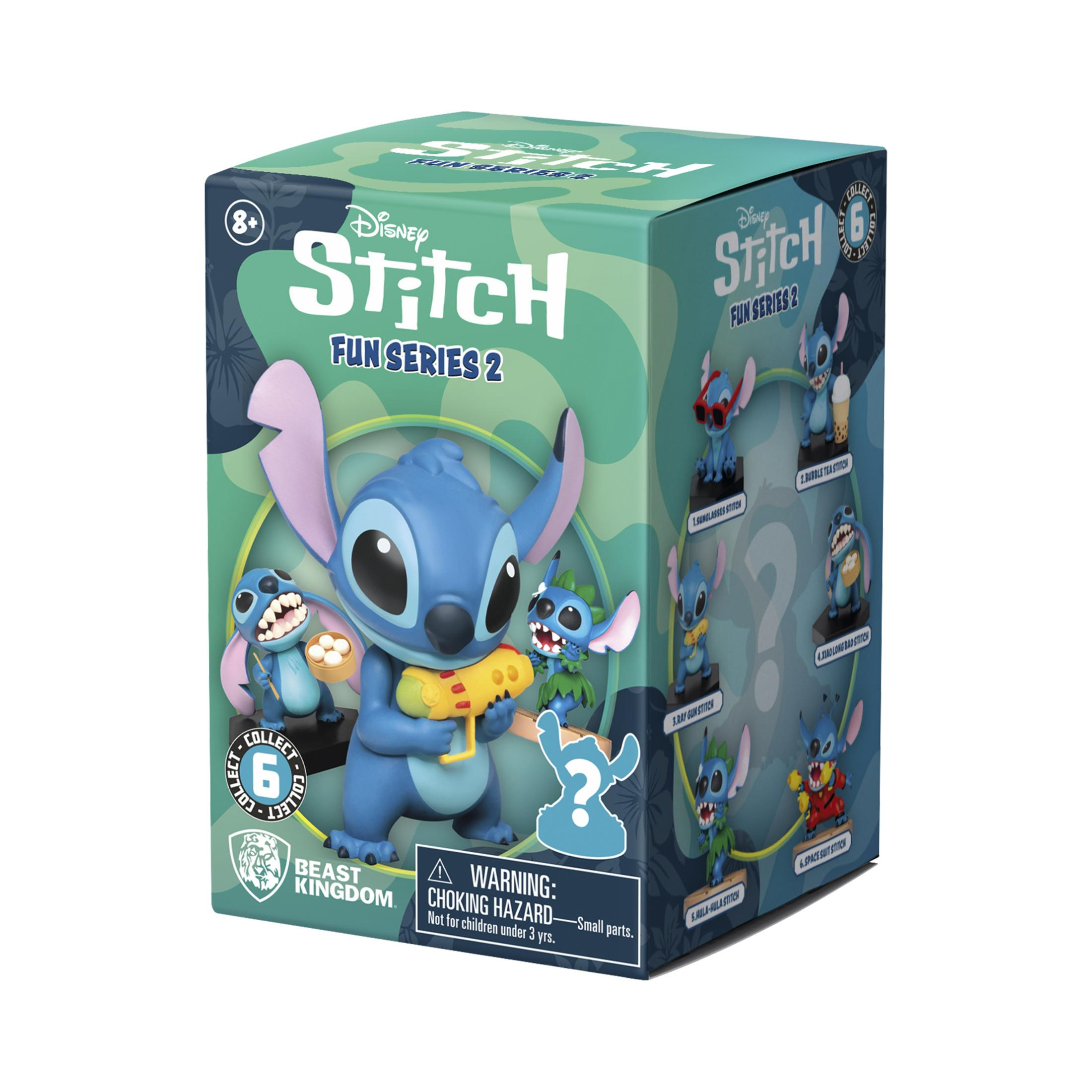Stitch Fun Series 2 Spielzeugbox mit verschiedenen Stitch-Figuren und Warnhinweisen.