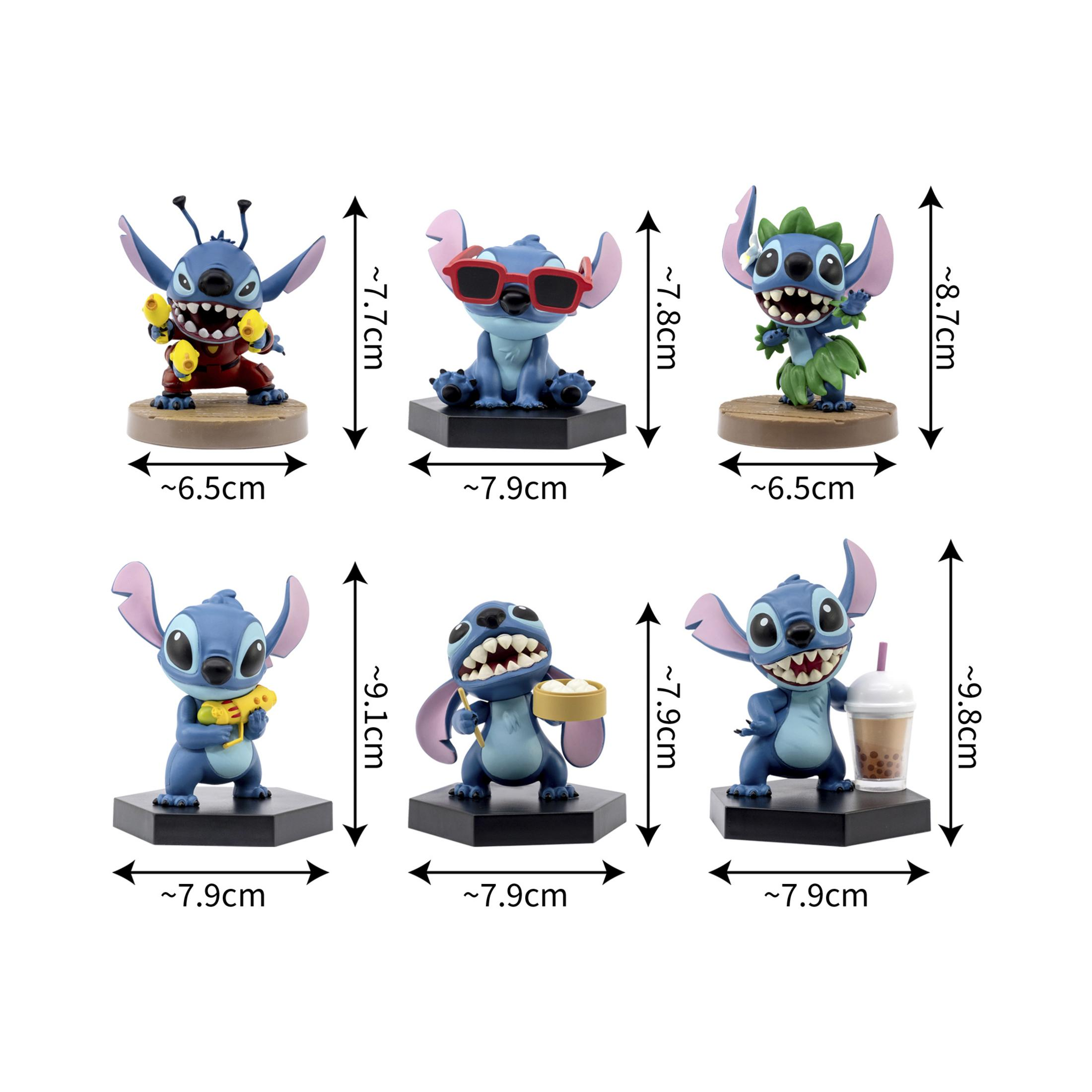 Sechs Stitch-Figuren mit unterschiedlichen Accessoires und Größenangaben.