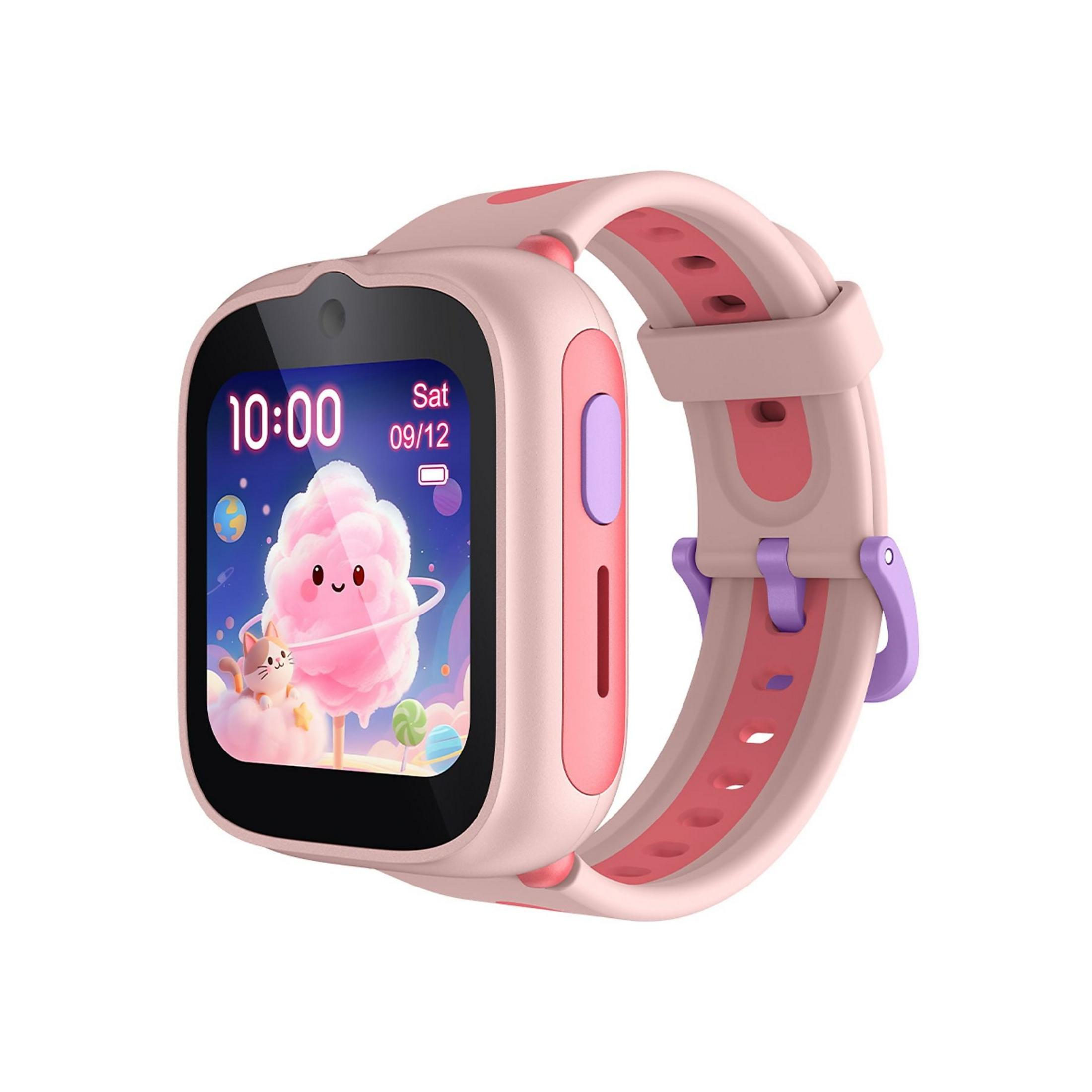 Un reloj inteligente rosa para niños con un fondo colorido en la pantalla.