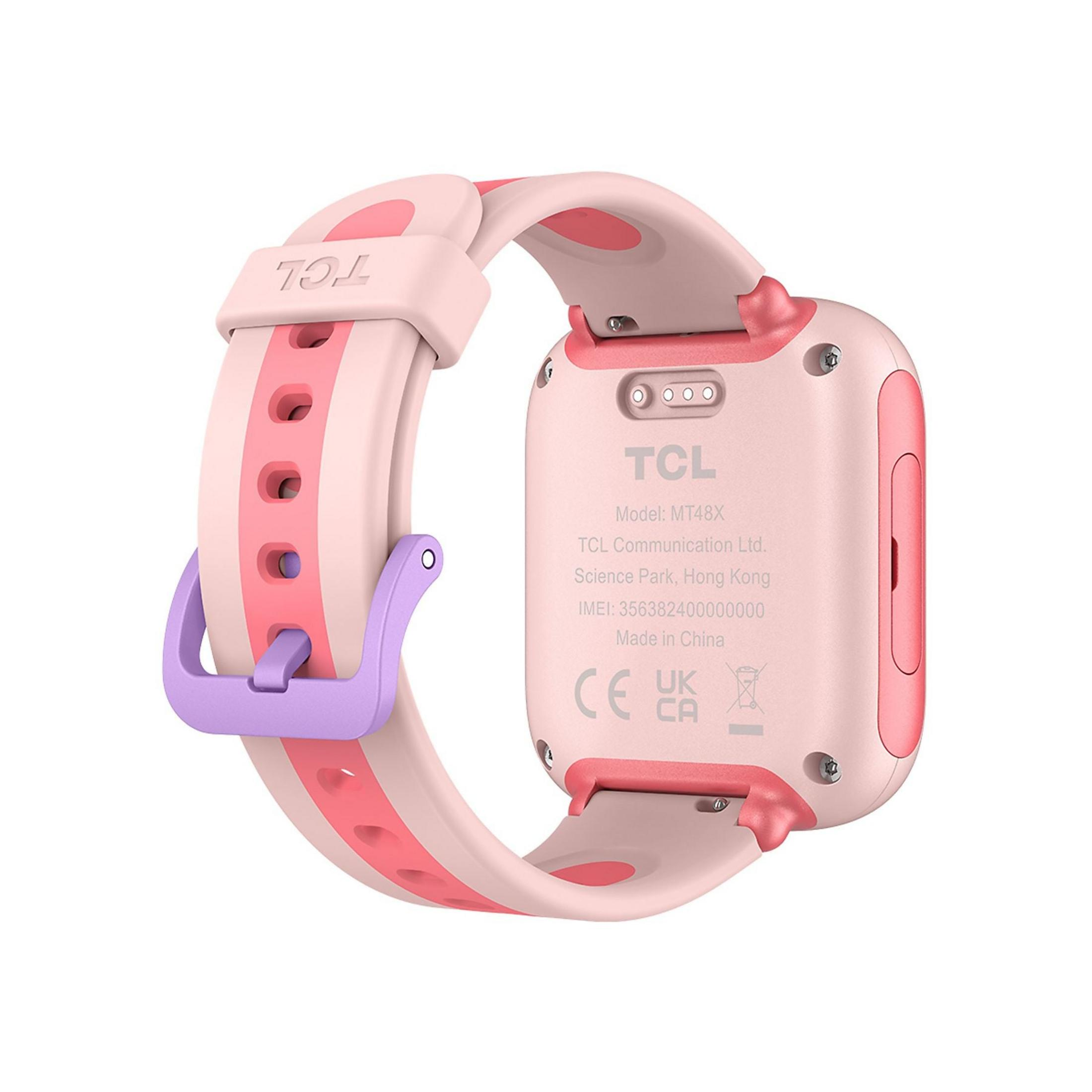 Un reloj inteligente rosa y rosa claro con logo de TCL y detalles técnicos al reverso.