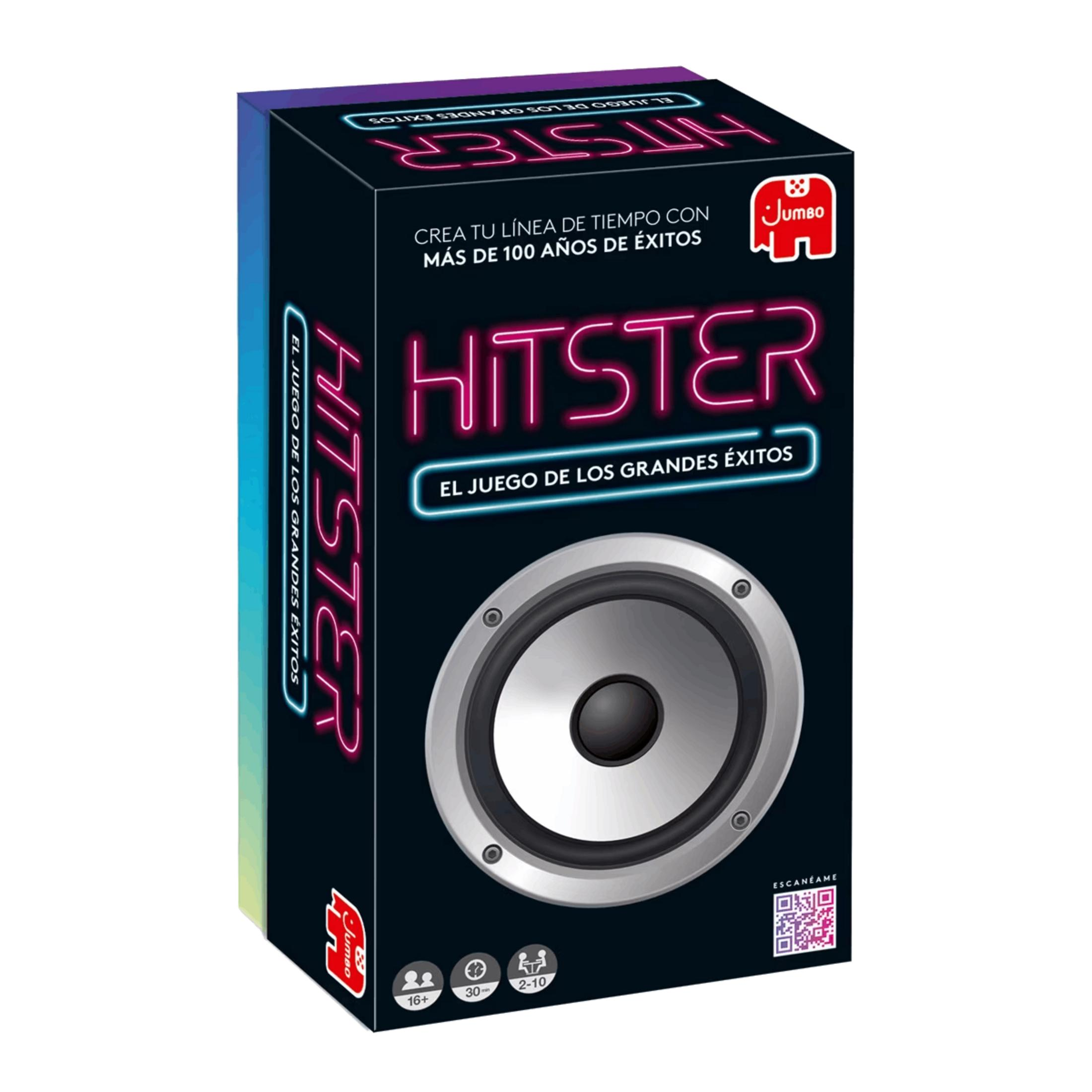Caja del juego Hitster, un juego de cartas sobre historia musical. Presenta un gráfico de altavoz.