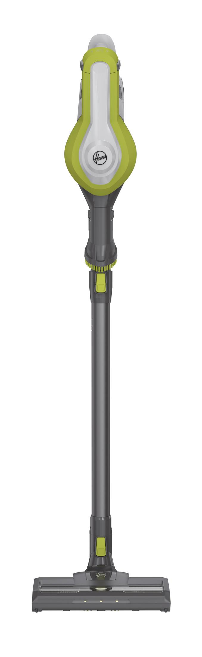 Un aspirapolvere senza fili grigio e verde lime, con logo Hoover.
