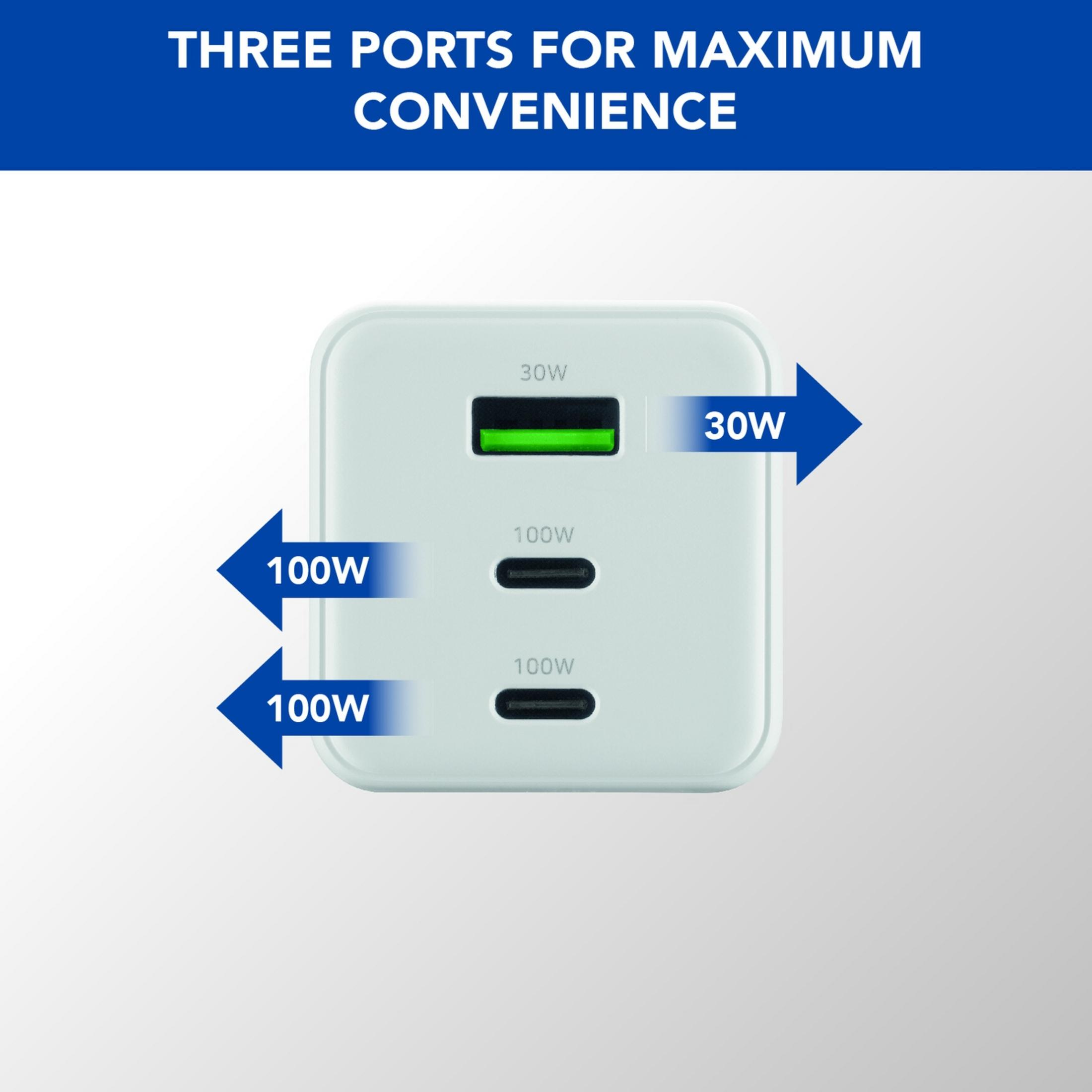 Un adaptador USB-C blanco con tres puertos: un puerto de 30W y dos de 100W.