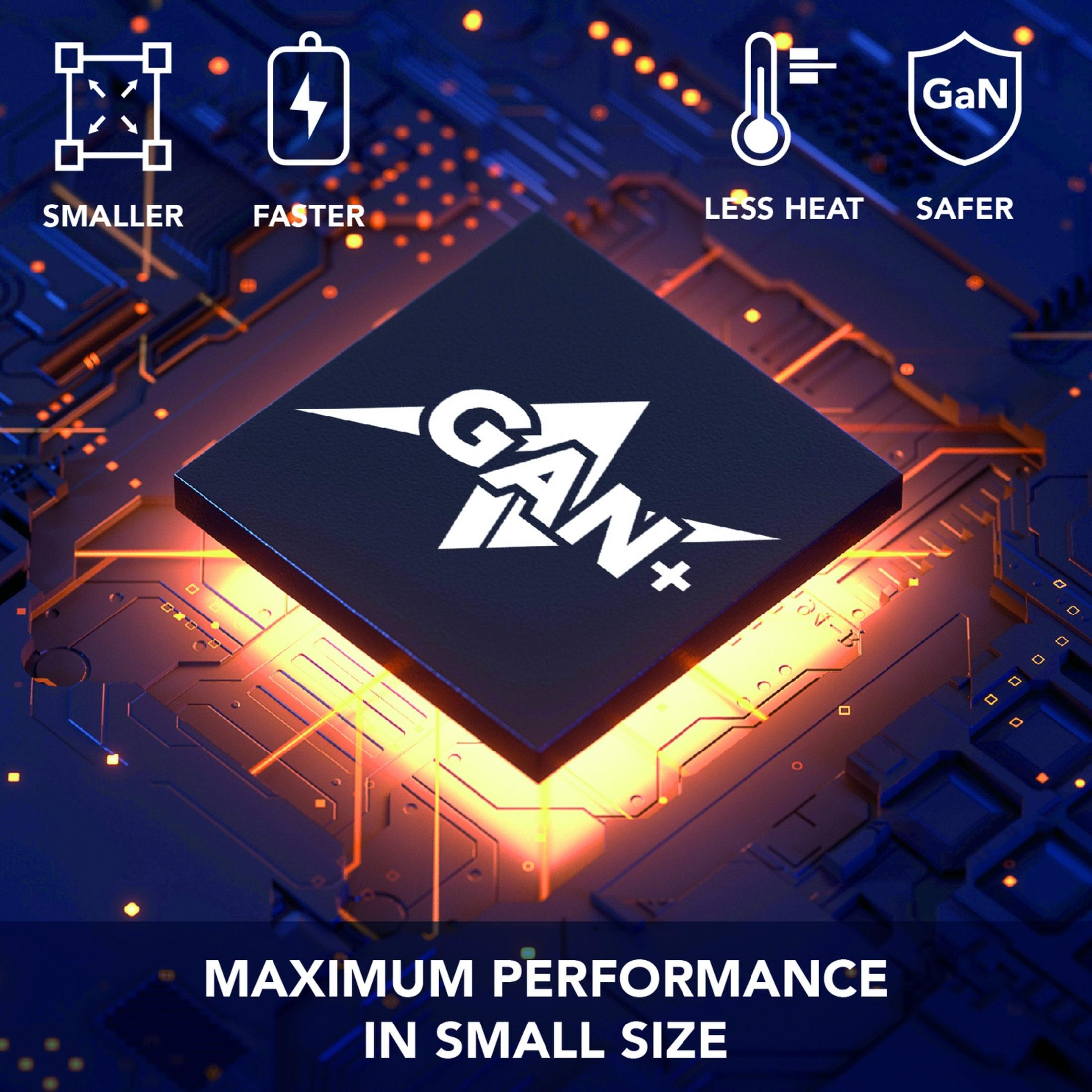 Un chip con logo GaN, más pequeño, más rápido, menos calor, más seguro.